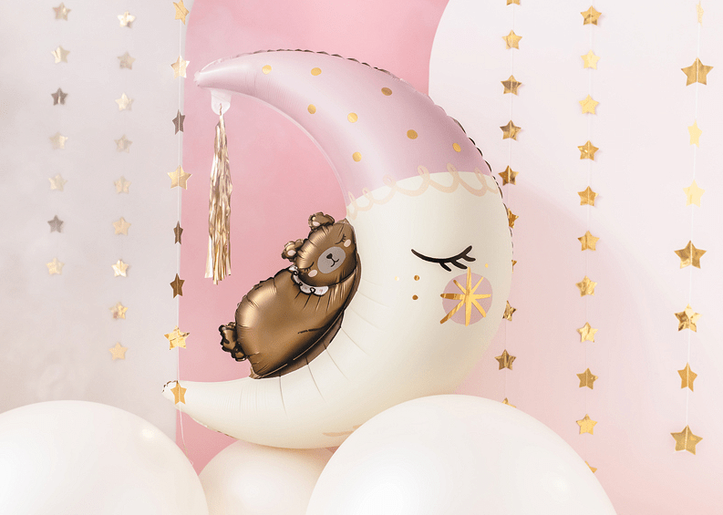 Foil Teddy Bear On The Moon Balloon - Light Pink With Gold Tassel | 28x34 Inches