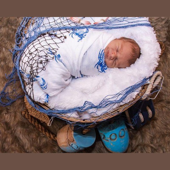 Gift Set: Blue Crab Baby Muslin Swaddle Blanket And Burp Cloth/bib Combo
