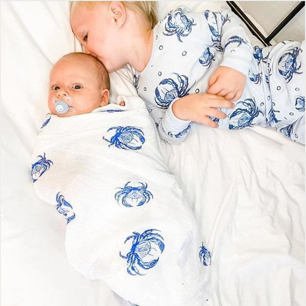 Gift Set: Blue Crab Baby Muslin Swaddle Blanket And Burp Cloth/bib Combo