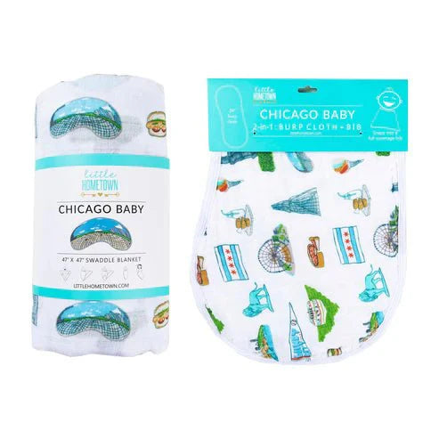 Gift Set: Chicago Baby Muslin Swaddle Blanket And Burp Cloth/bib Combo
