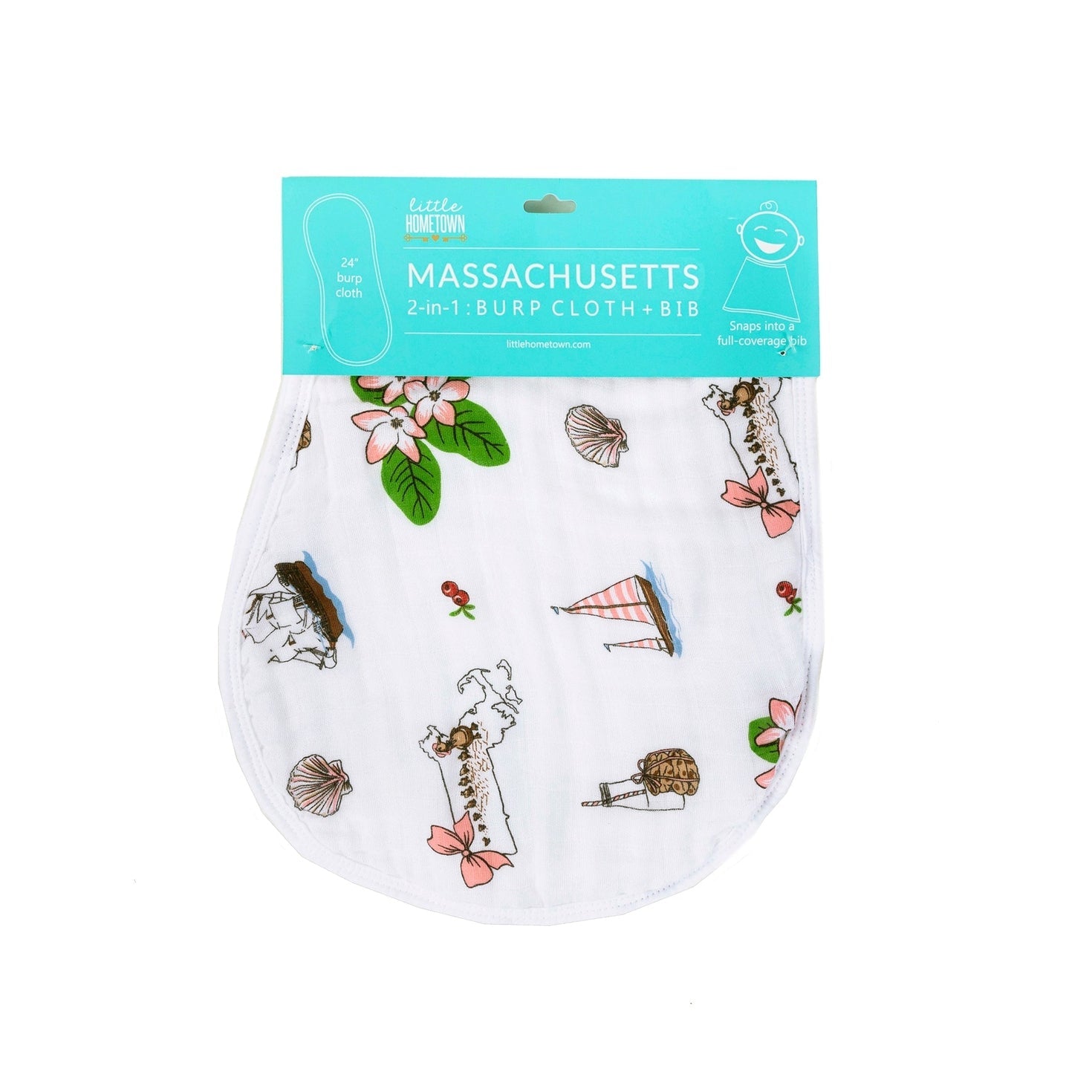 Gift Set: Massachusetts Floral Baby Muslin Swaddle Blanket And Burp Cloth/bib Combo