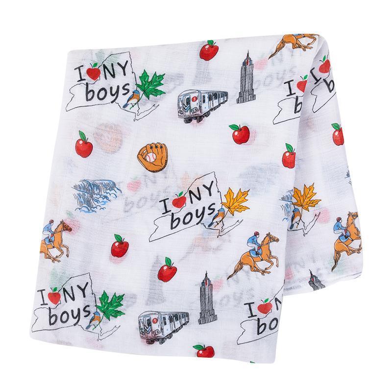 Gift Set: New York Baby Boy Muslin Swaddle Blanket And Burp Cloth/bib Combo