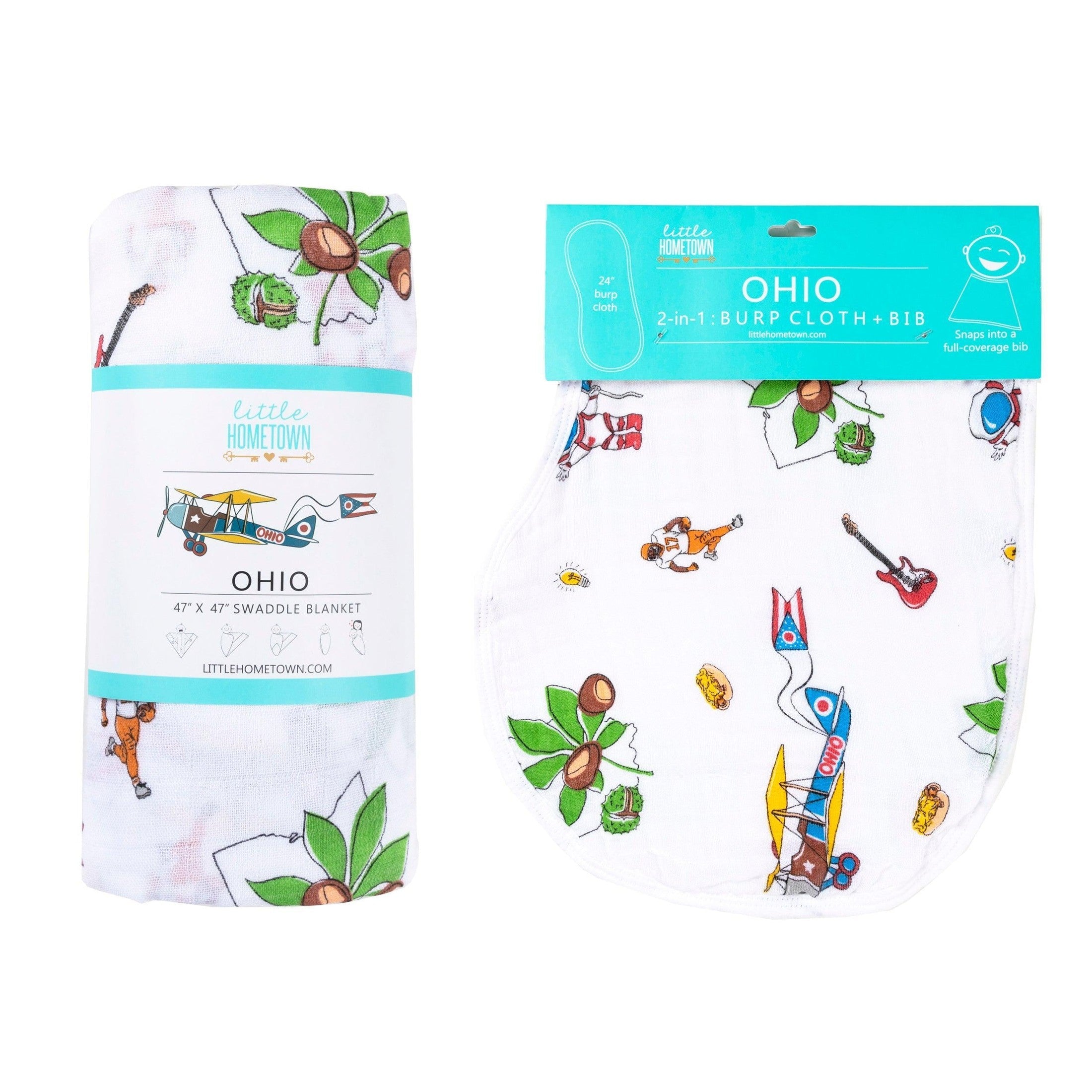 Gift Set: Ohio Baby Muslin Swaddle Receiving Blanket And Burp Cloth / Bib Combo