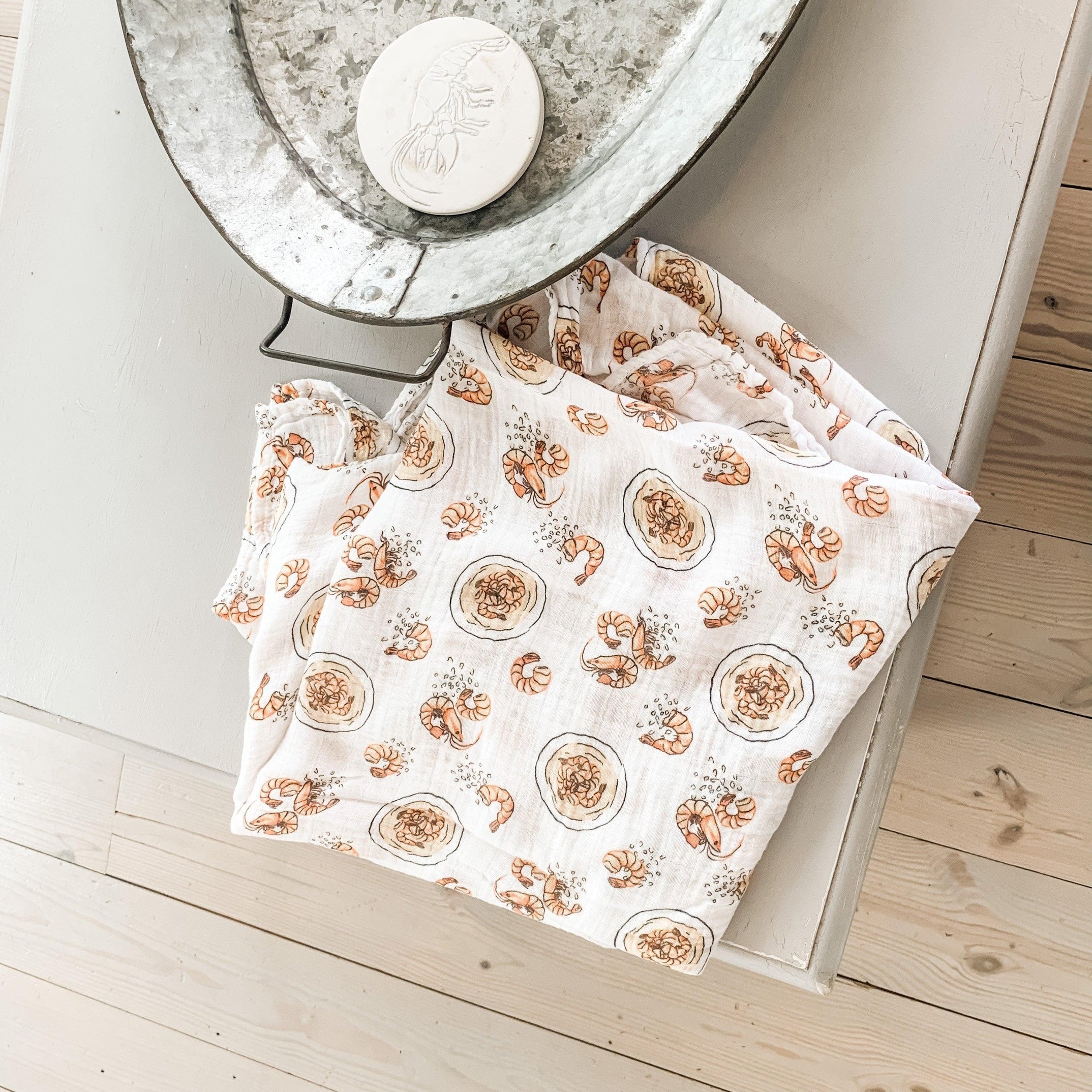 Gift Set: Shrimp'n Grits Baby Muslin Swaddle Blanket And Burp Cloth/bib Combo