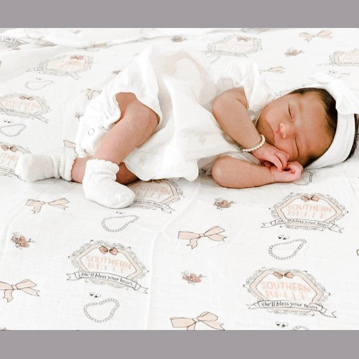 Gift Set: Southern Belle Baby Muslin Swaddle Blanket And Burp Cloth/bib Combo