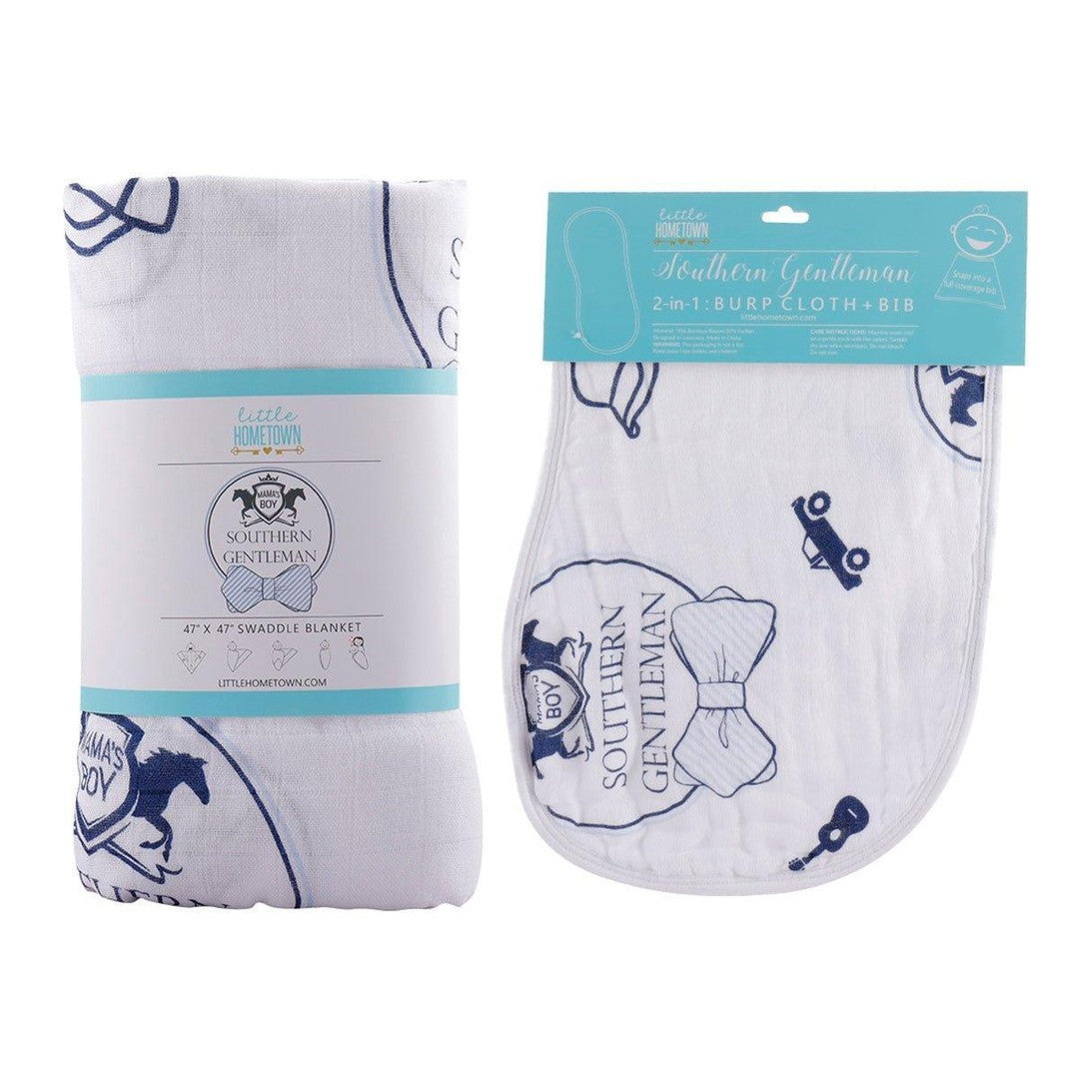 Gift Set: Southern Gentleman Baby Muslin Swaddle Blanket And Burp Cloth/bib Combo