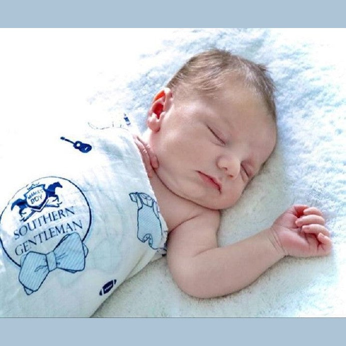 Gift Set: Southern Gentleman Baby Muslin Swaddle Blanket And Burp Cloth/bib Combo