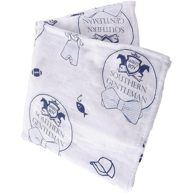 Gift Set: Southern Gentleman Baby Muslin Swaddle Blanket And Burp Cloth/bib Combo