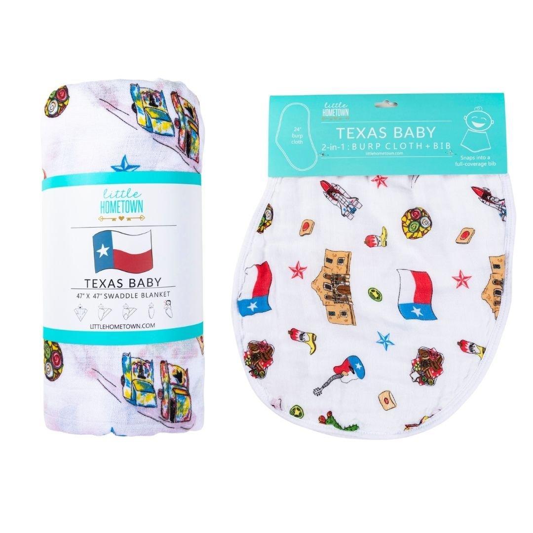 Gift Set: Texas Baby Unisex Muslin Swaddle Blanket And Burp Cloth/bib Combo