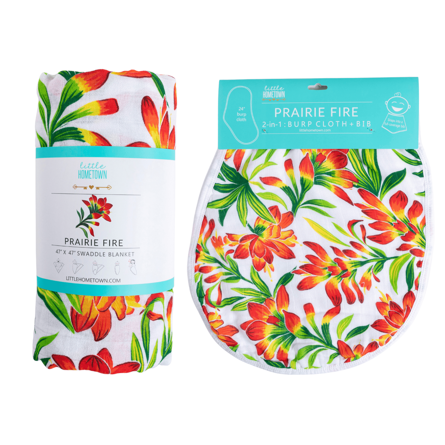 Giftset: Prairie Fire Baby Muslin Swaddle Blanket And Burp Cloth/bib Combo