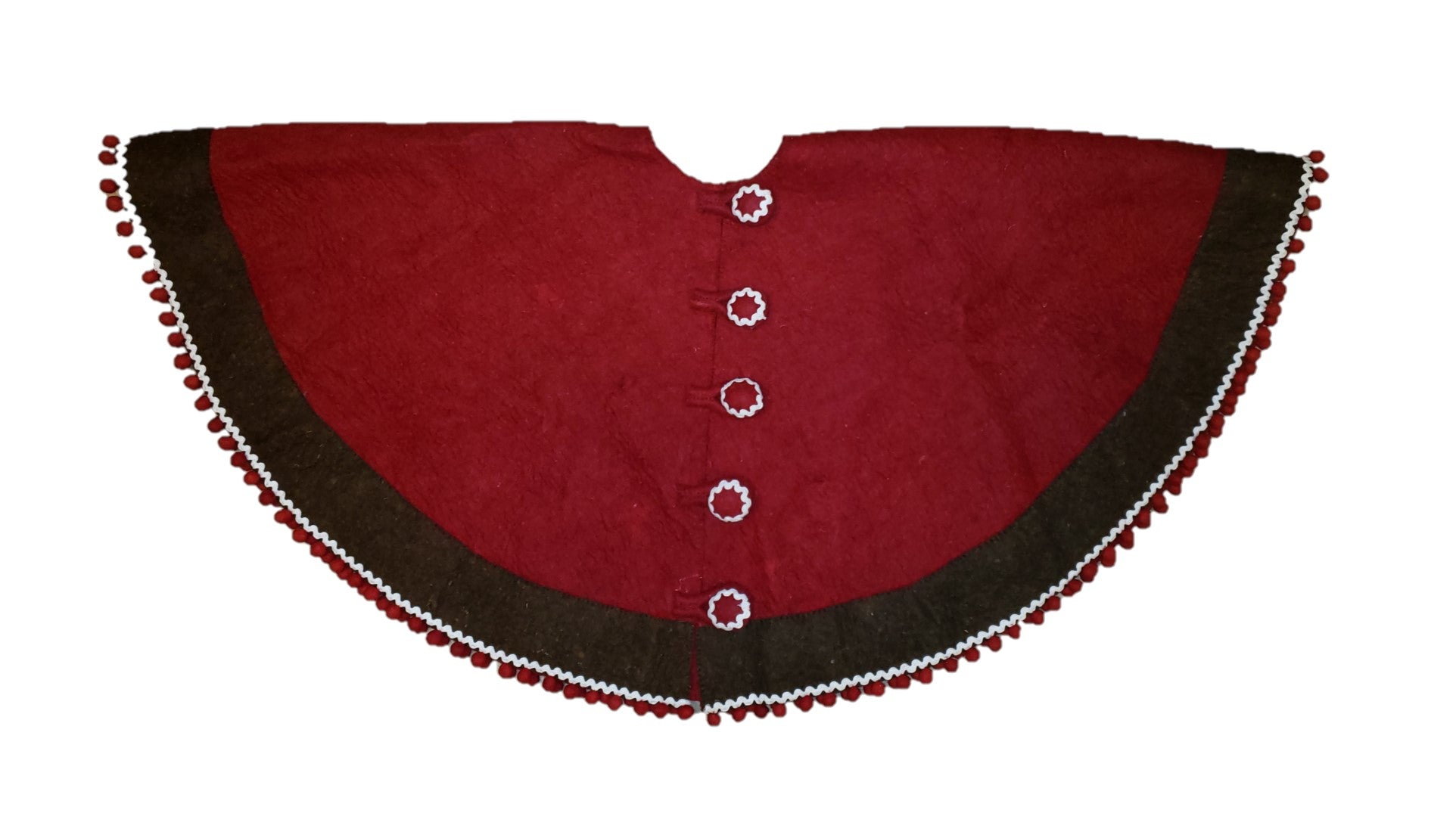 Handmade Wool Felt Red Christmas Tree Skirt With Brown Border And Pom Pom Edge 60”