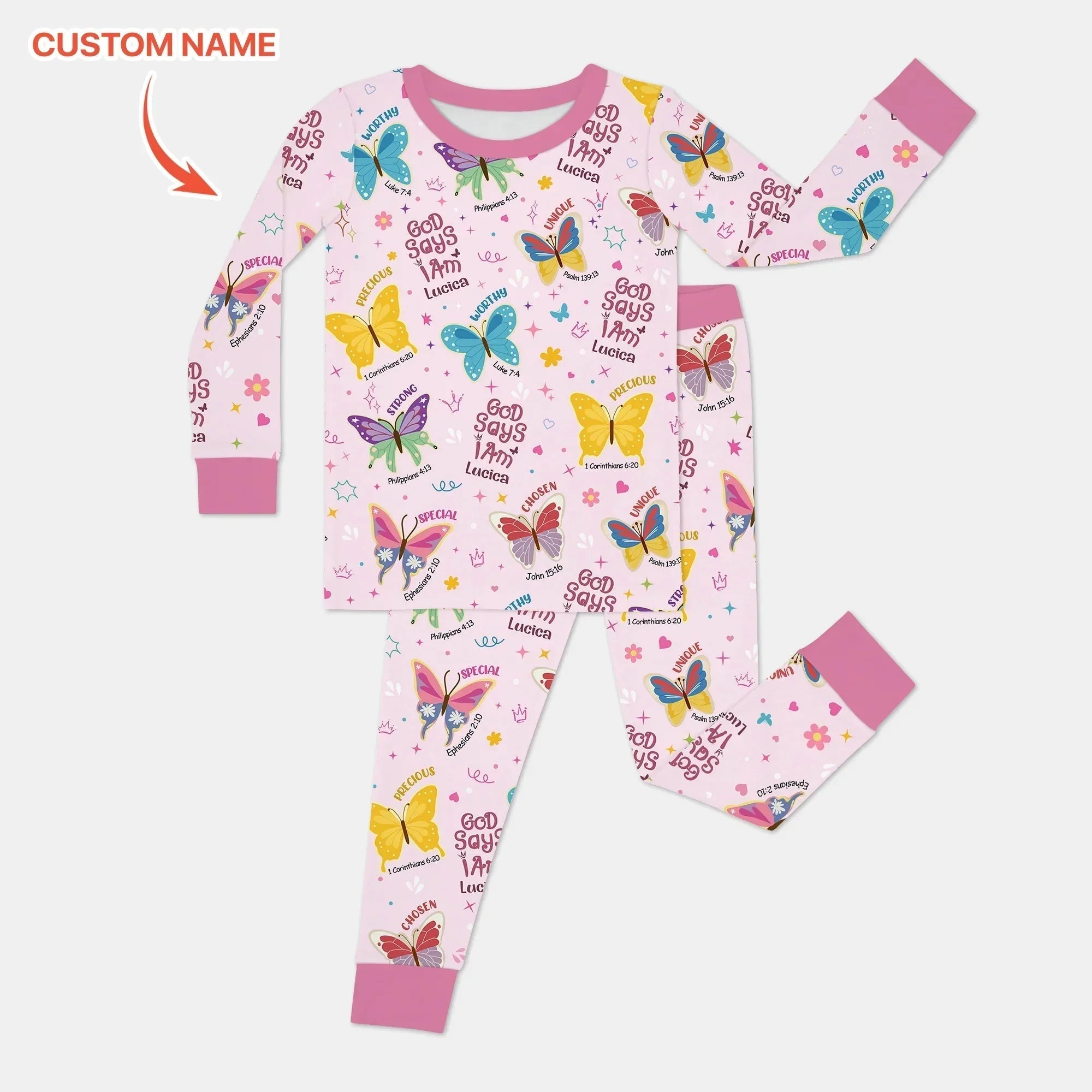 God Says I Am Custom Name Girl Bamboo Two Piece Long Sleeve Pajama Set