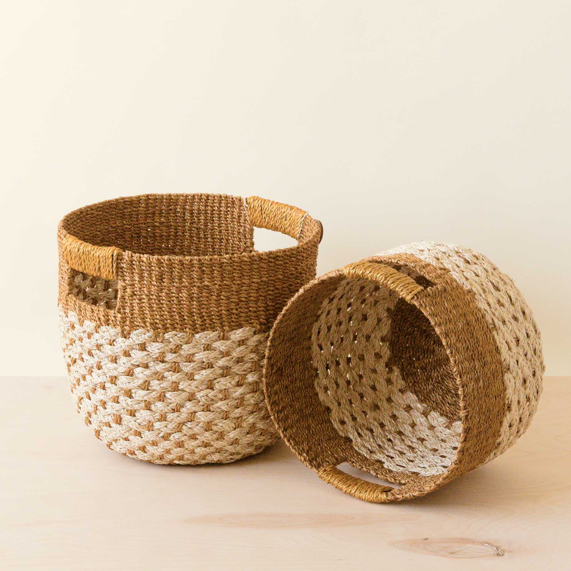 Golden Brown Round Baskets, Set Of 2 - Handcrafted Bins | Likhâ