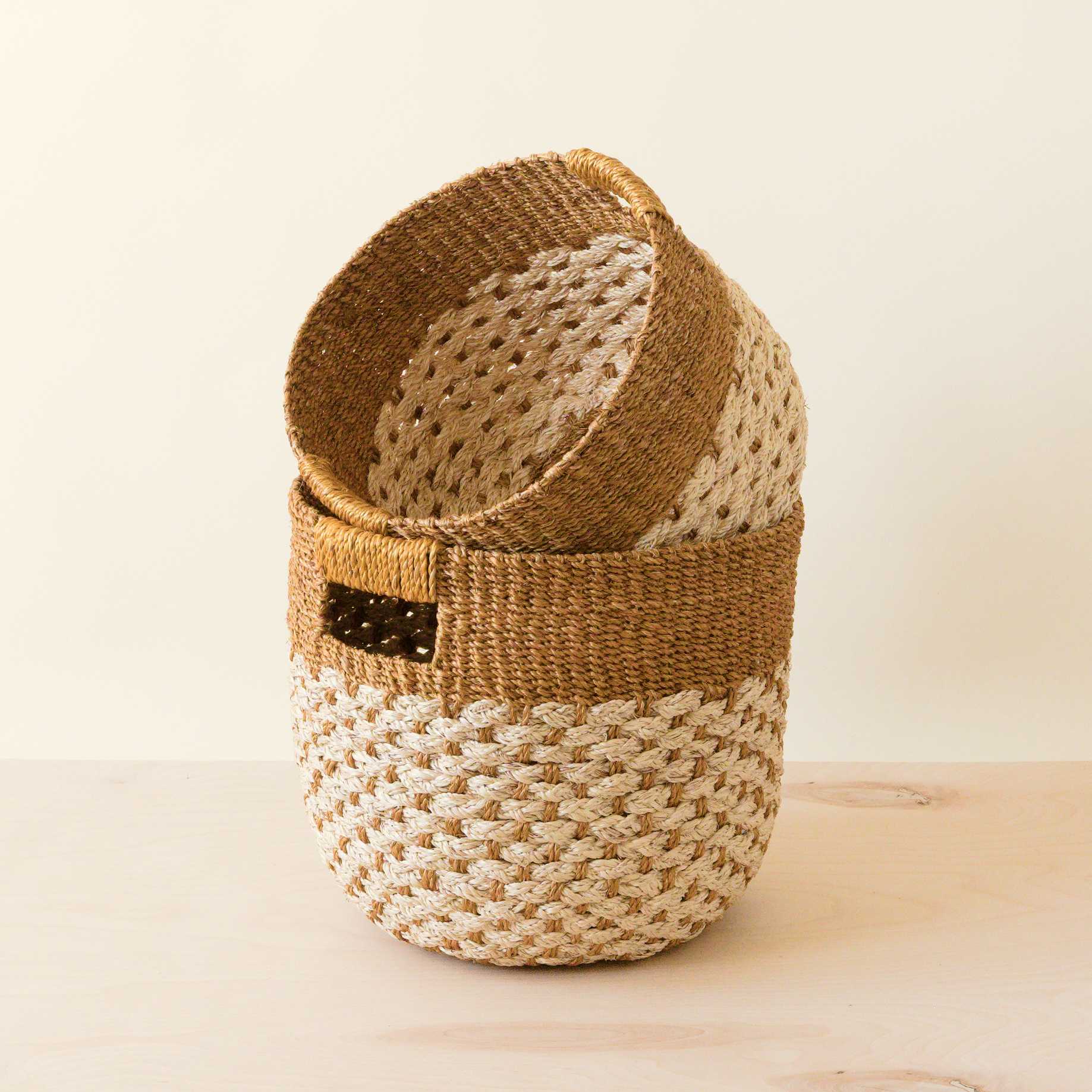 Golden Brown Round Baskets, Set Of 2 - Handcrafted Bins | Likhâ