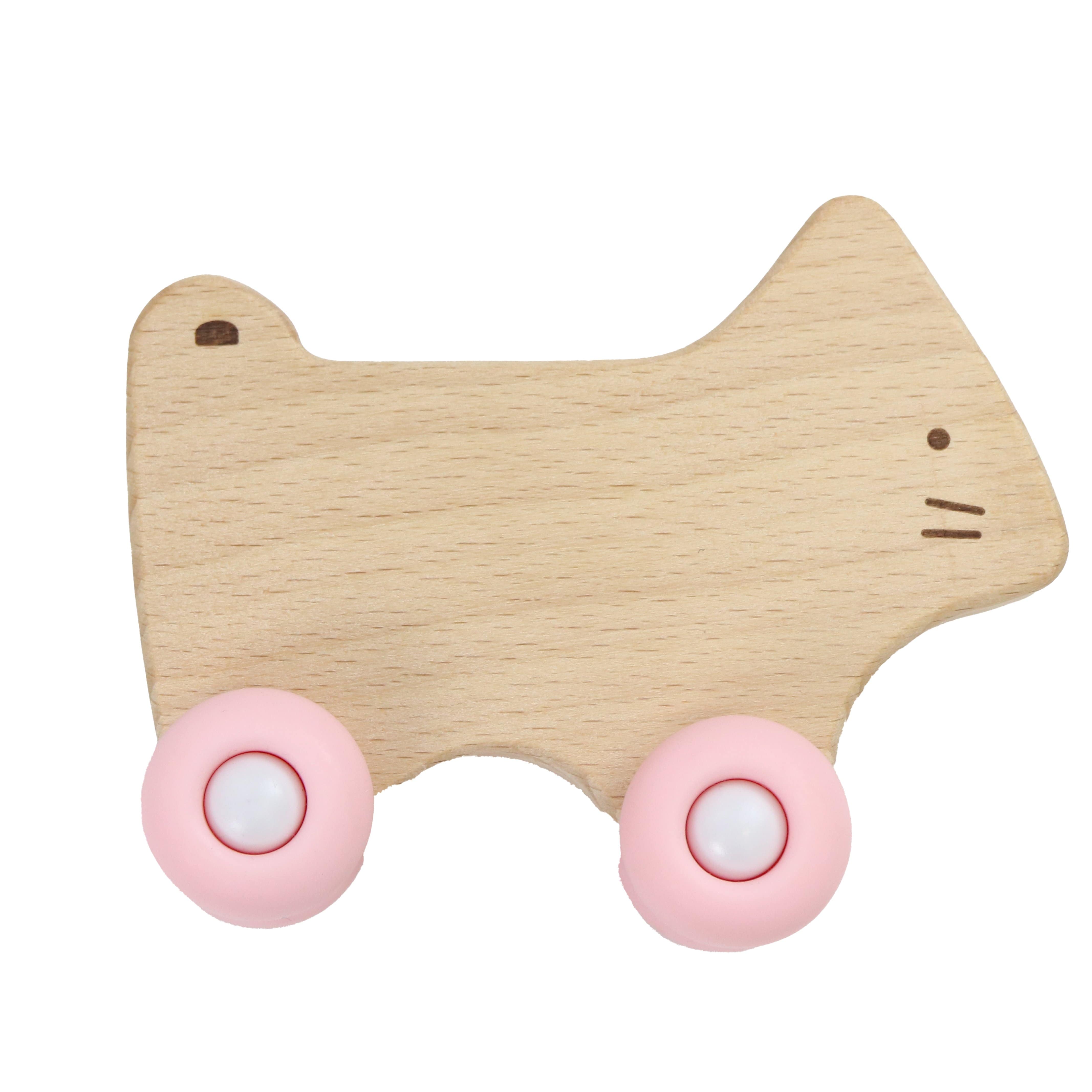 Pink Kitten Silicone + Wood Teether With Wheels