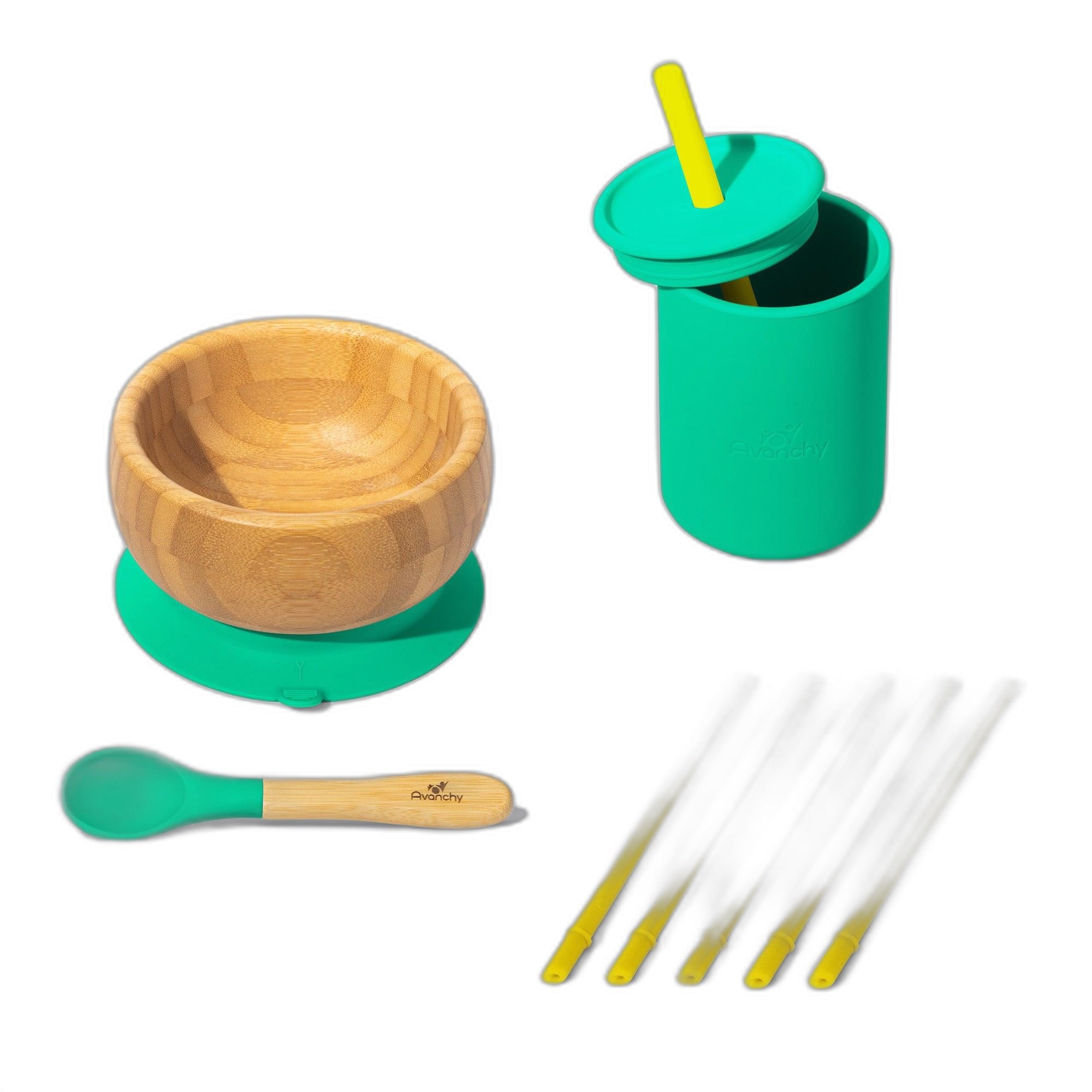 Avanchy - Bamboo Suction Baby Bowl + Spoon - Blue