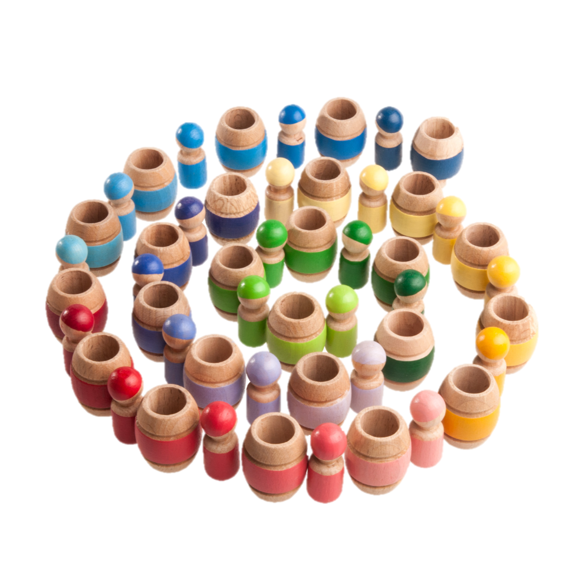 Montessori Color Sorting Wooden Toy Peg Dolls In Barrels - Set Of 25