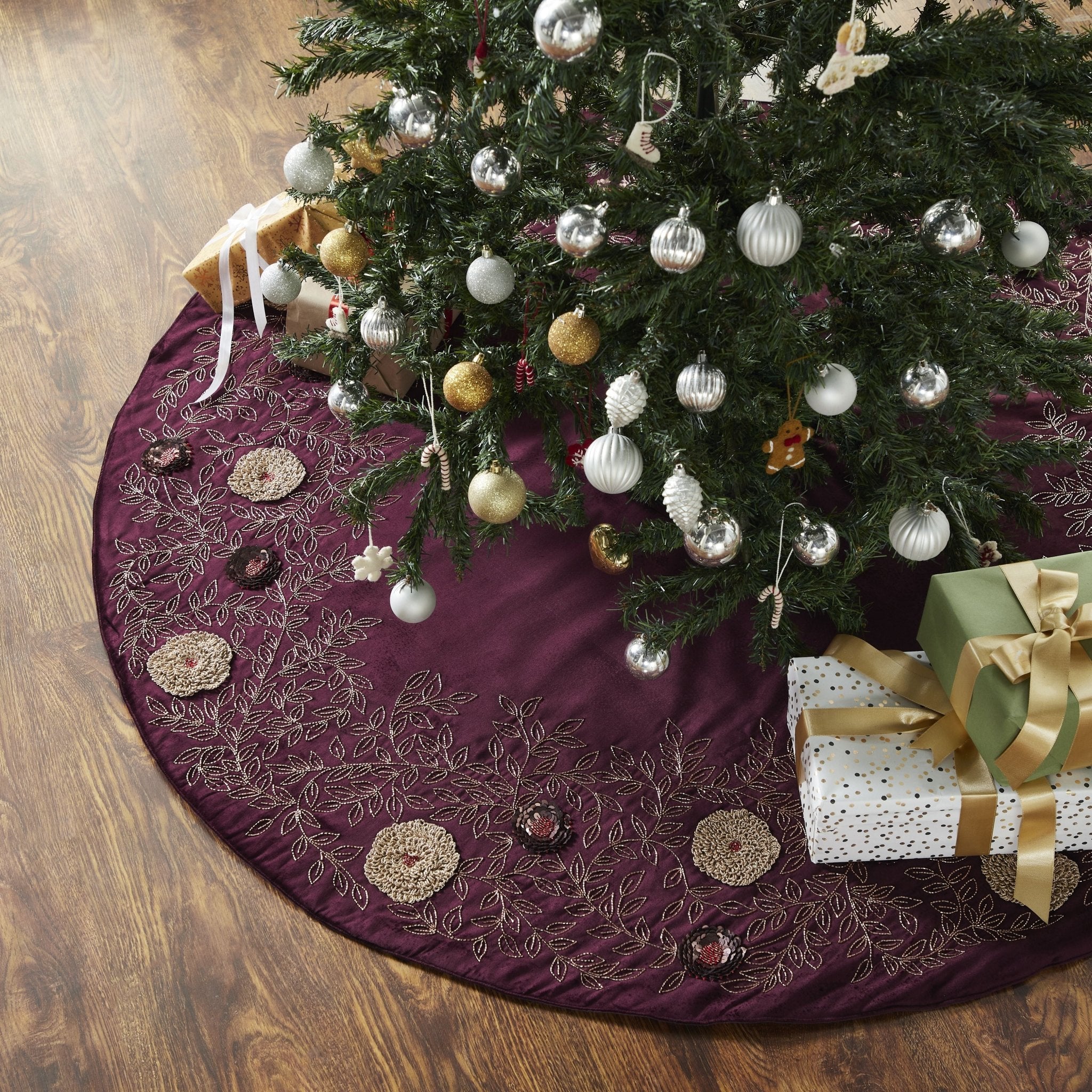 Hand Beaded Velvet Floral Wine Christmas Tree Skirt 60"