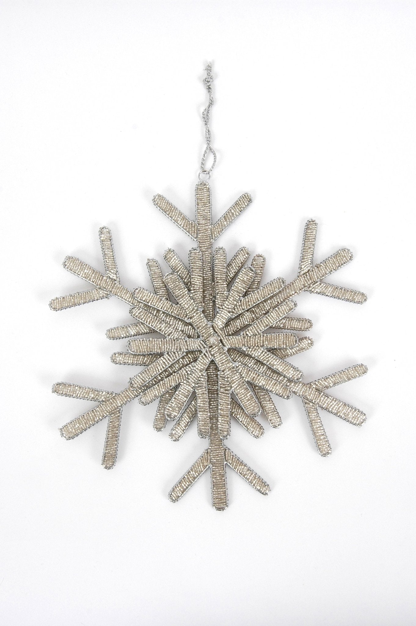 Hand Beaded Modern Snowflake Ornament Silver - 10"