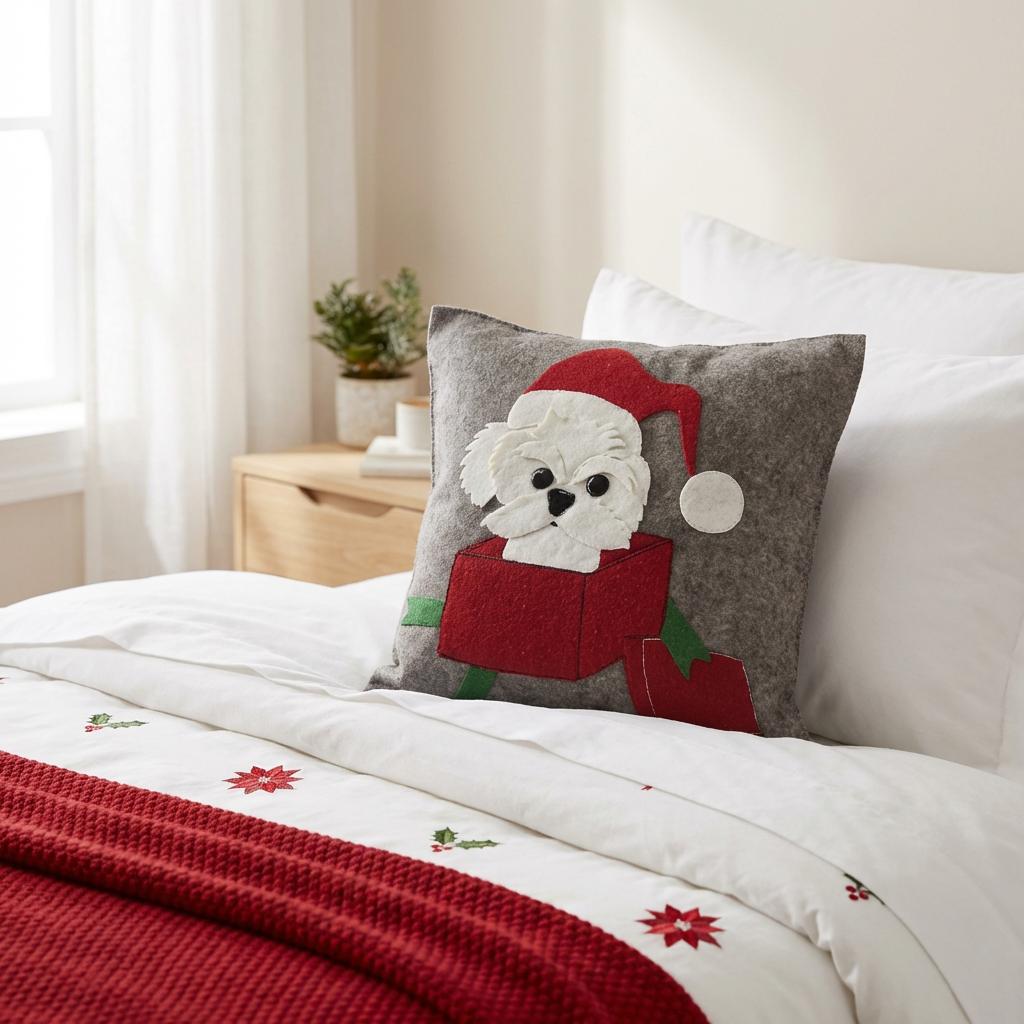 Hand Felted Wool Christmas Pillow - Dog In Box - 20"
