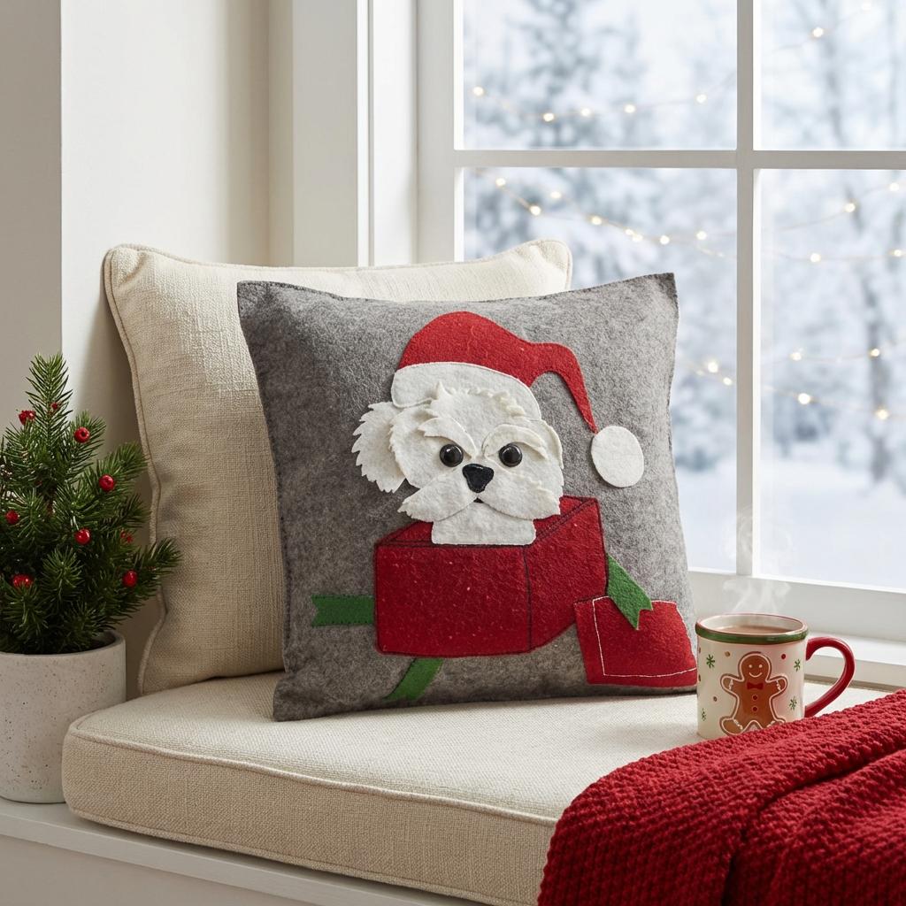 Hand Felted Wool Christmas Pillow - Dog In Box - 20"