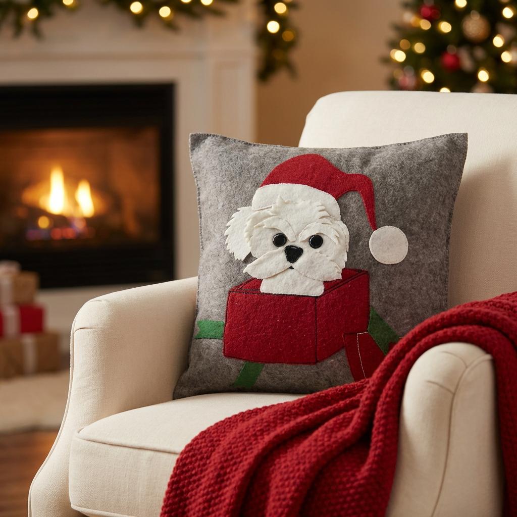 Hand Felted Wool Christmas Pillow - Dog In Box - 20"
