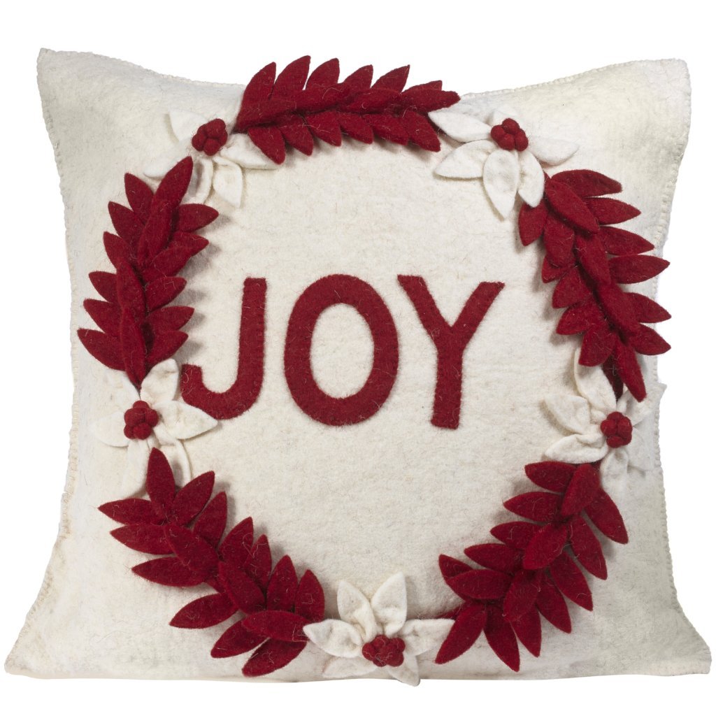 Hand Felted Wool Christmas Pillow - Joy Wreath Cream - 20"