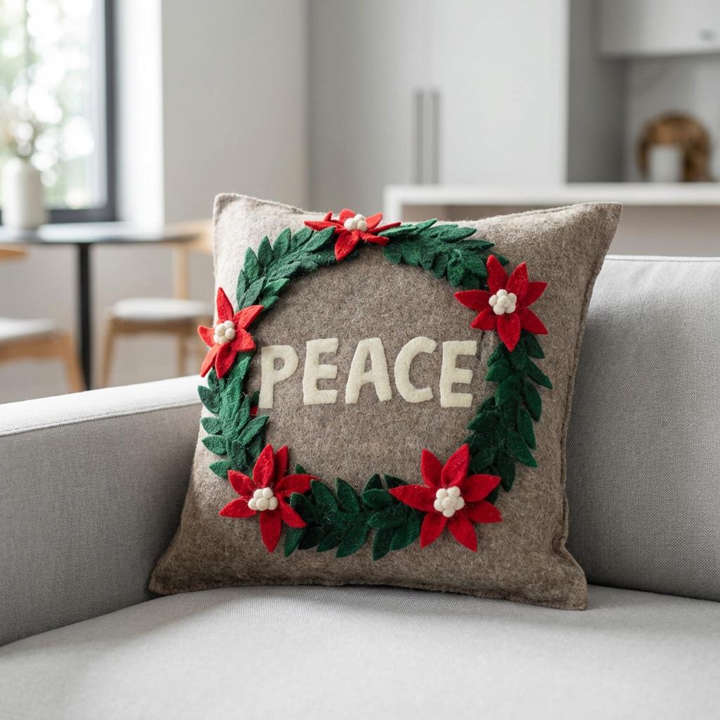 Hand Felted Wool Christmas Pillow - Peace Wreath Natural Gray - 20"