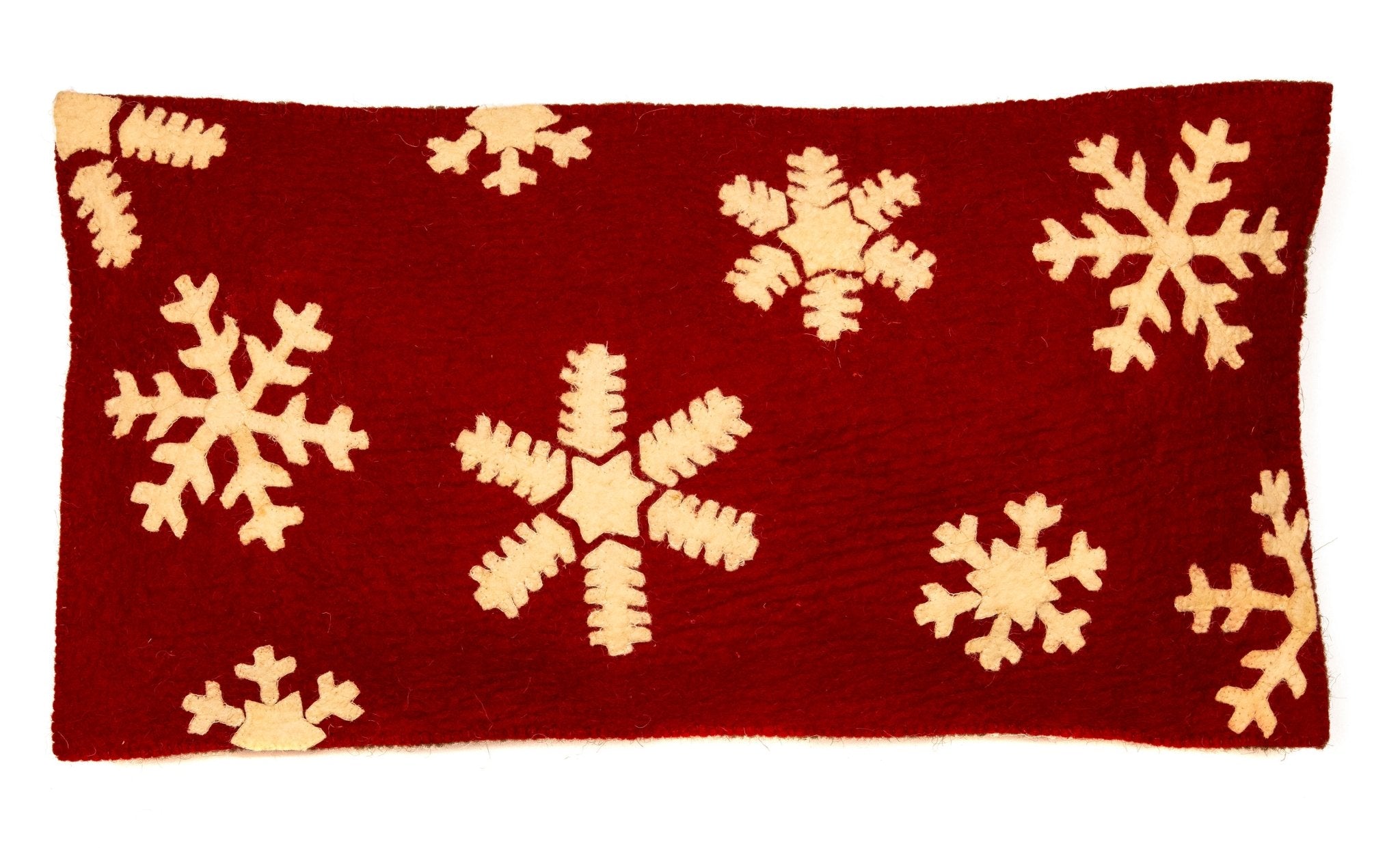 Hand Felted Wool Christmas Pillow – Scattered Snowflakes Red – 12x24”