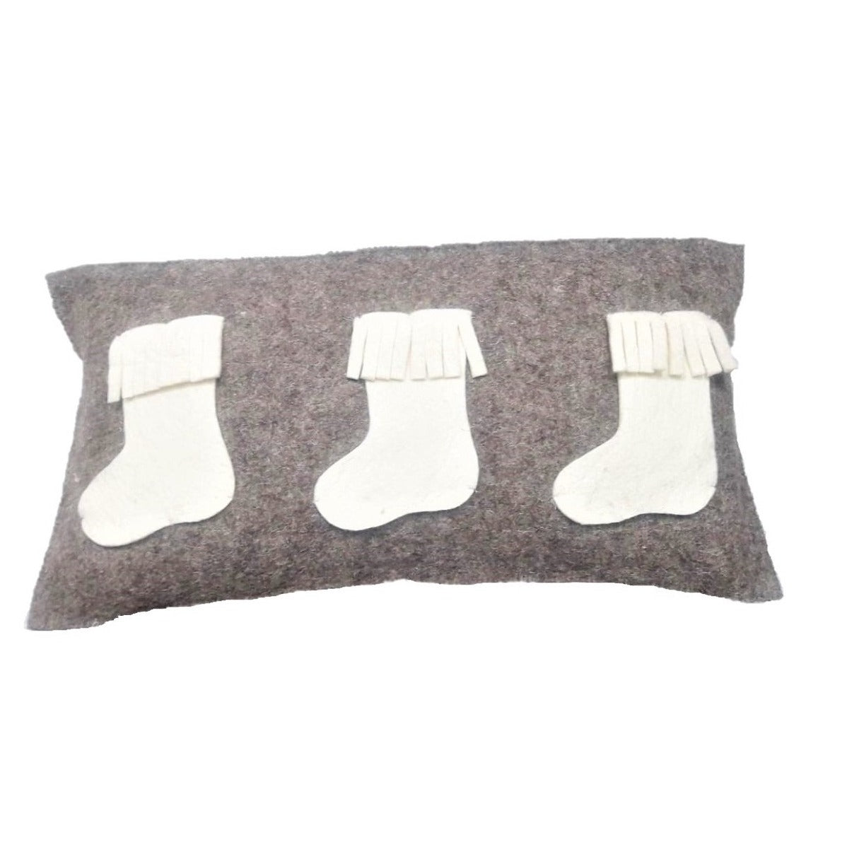 Hand Felted Wool Christmas Pillow – White Stockings Gray – 12x24”