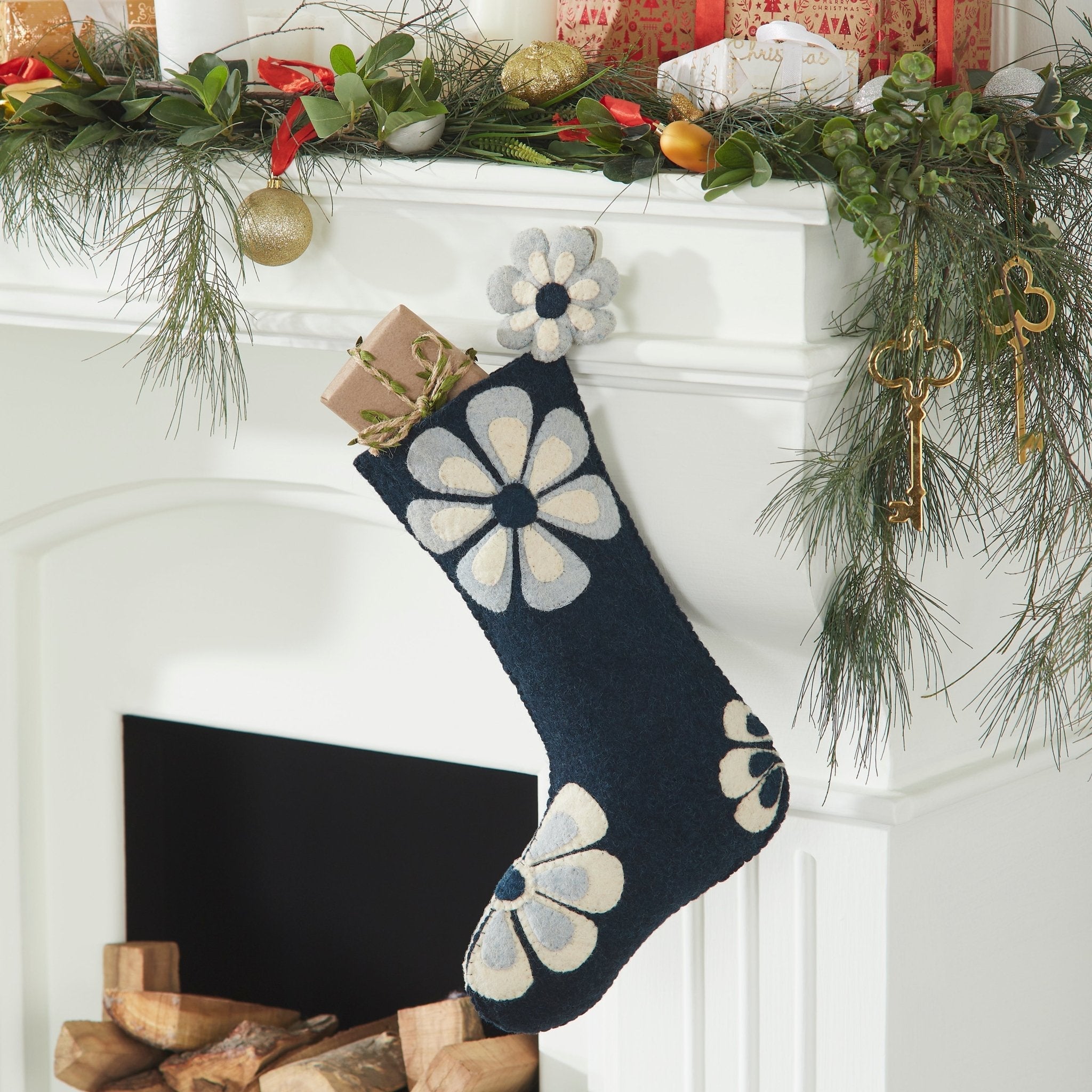 Hand Felted Wool Christmas Stocking - Flower Power Blue Arcadia Home