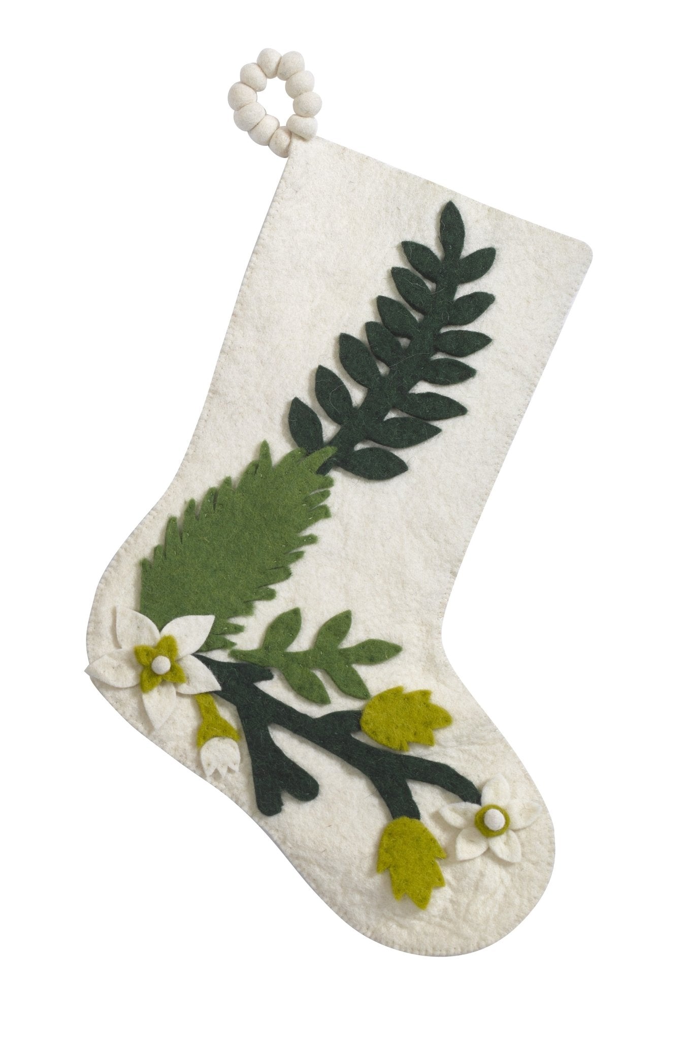 Hand Felted Wool Christmas Stocking - Green Leaves Cream