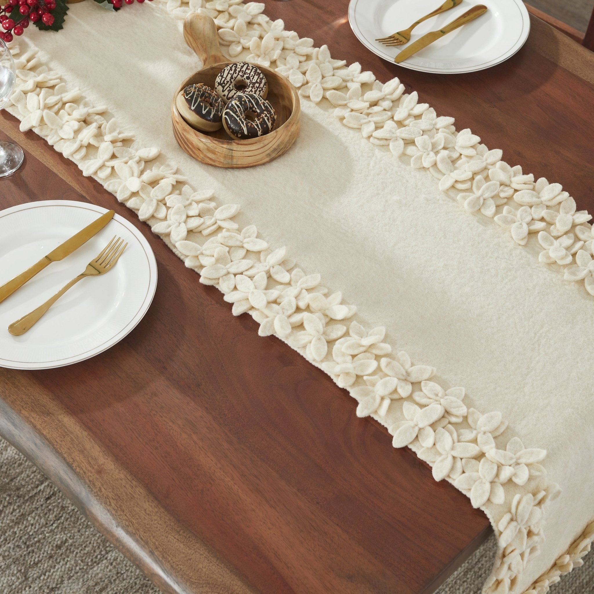 Hand Felted Wool Floral Border Table Runner Cream, 16x90"