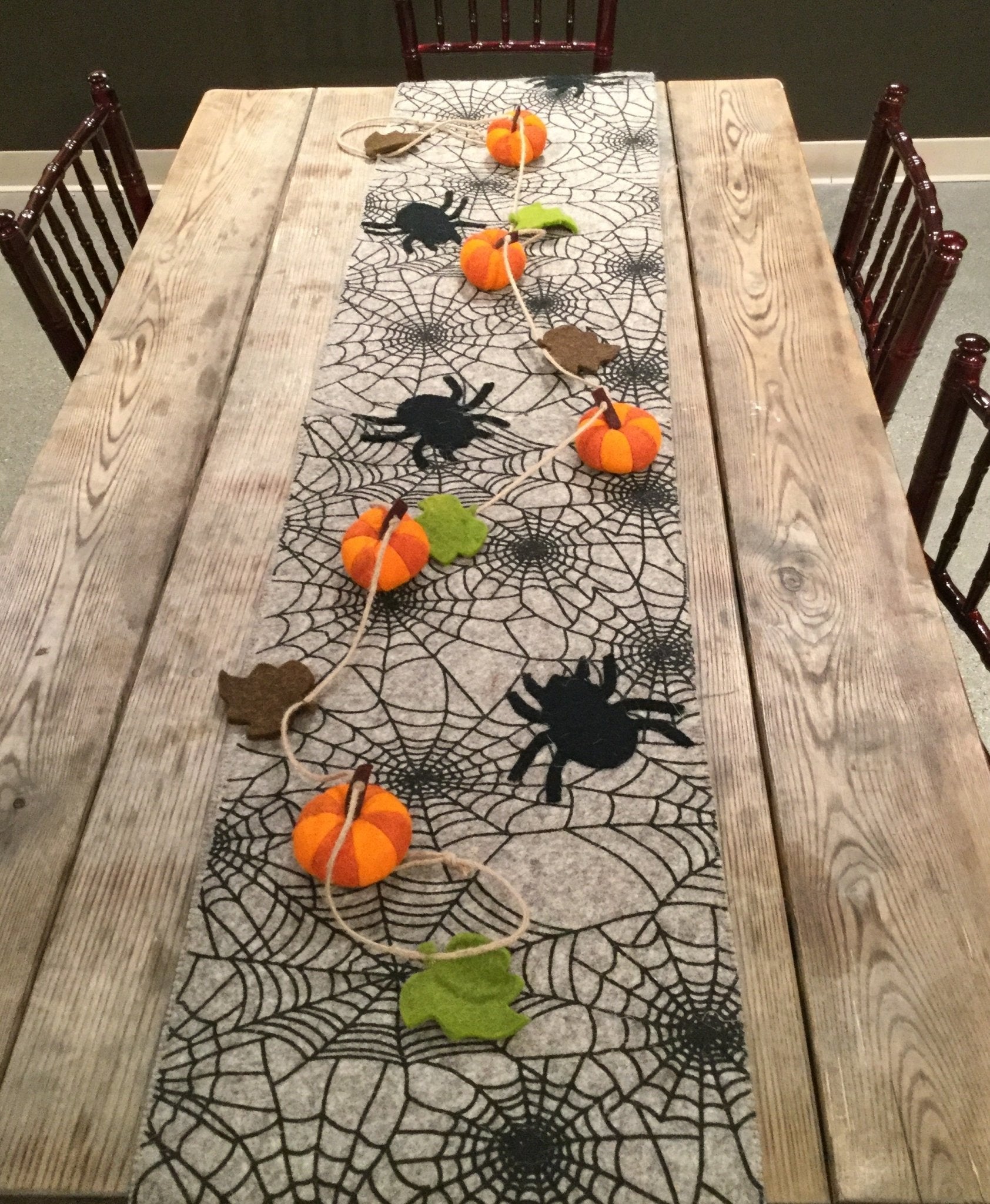 Hand Felted Wool Halloween Spider Web Table Runner - 14x72"