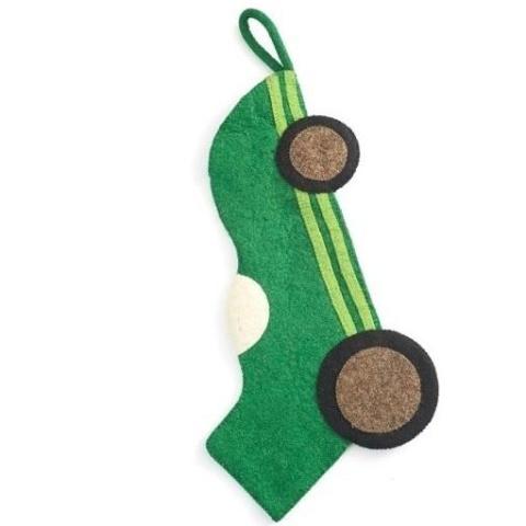 Kids Green Race Car Hand Felted Wool Christmas Stocking