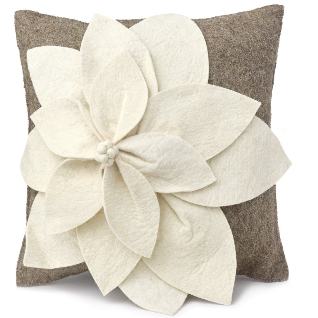 Hand Felted Wool Pillow - 3d Flower Cream Gray - 20"