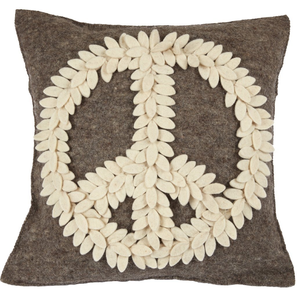 Hand Felted Wool Pillow Cover –cream Peace Sign Gray – 20”
