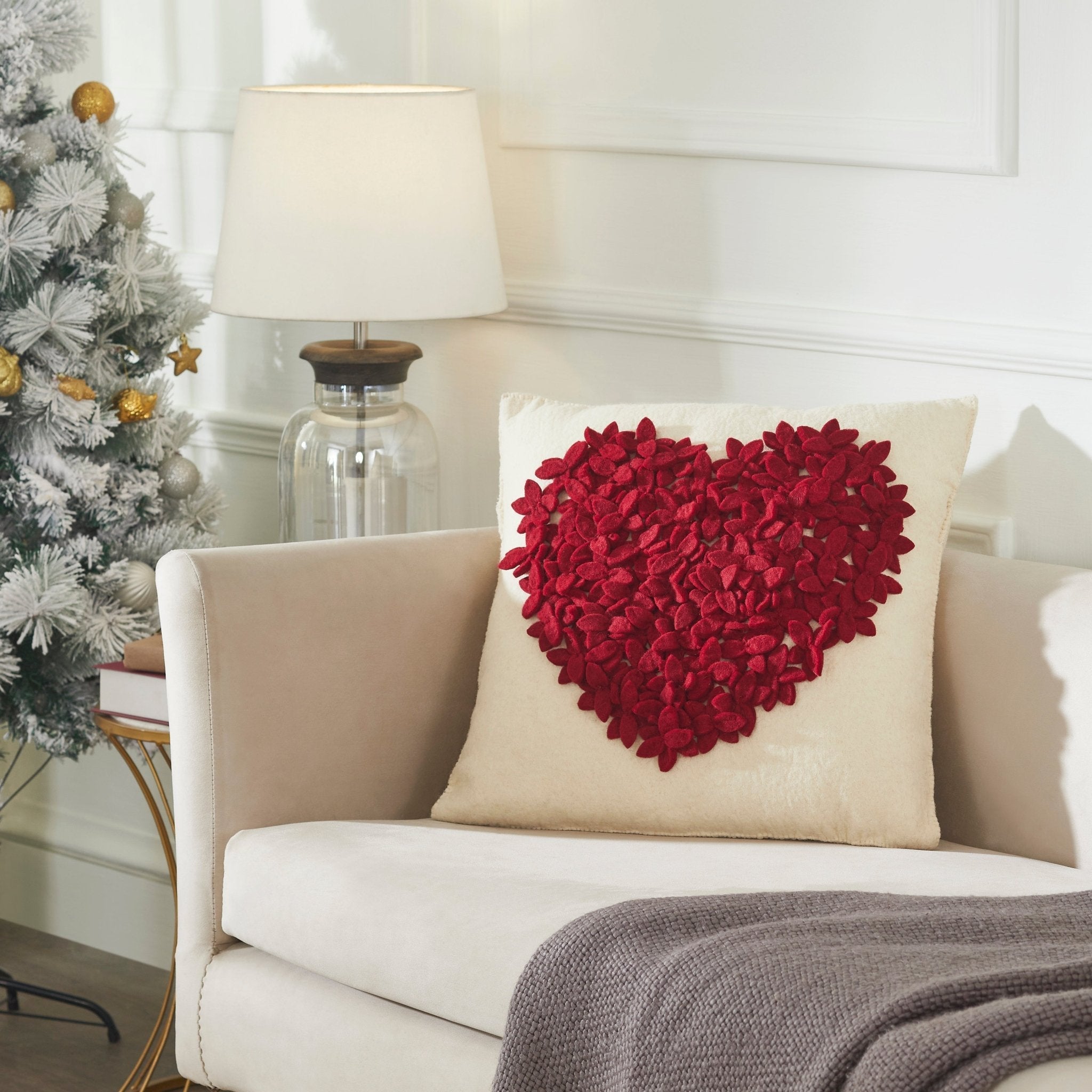Hand Felted Wool Pillow Cover - Red Heart Cream - 20"