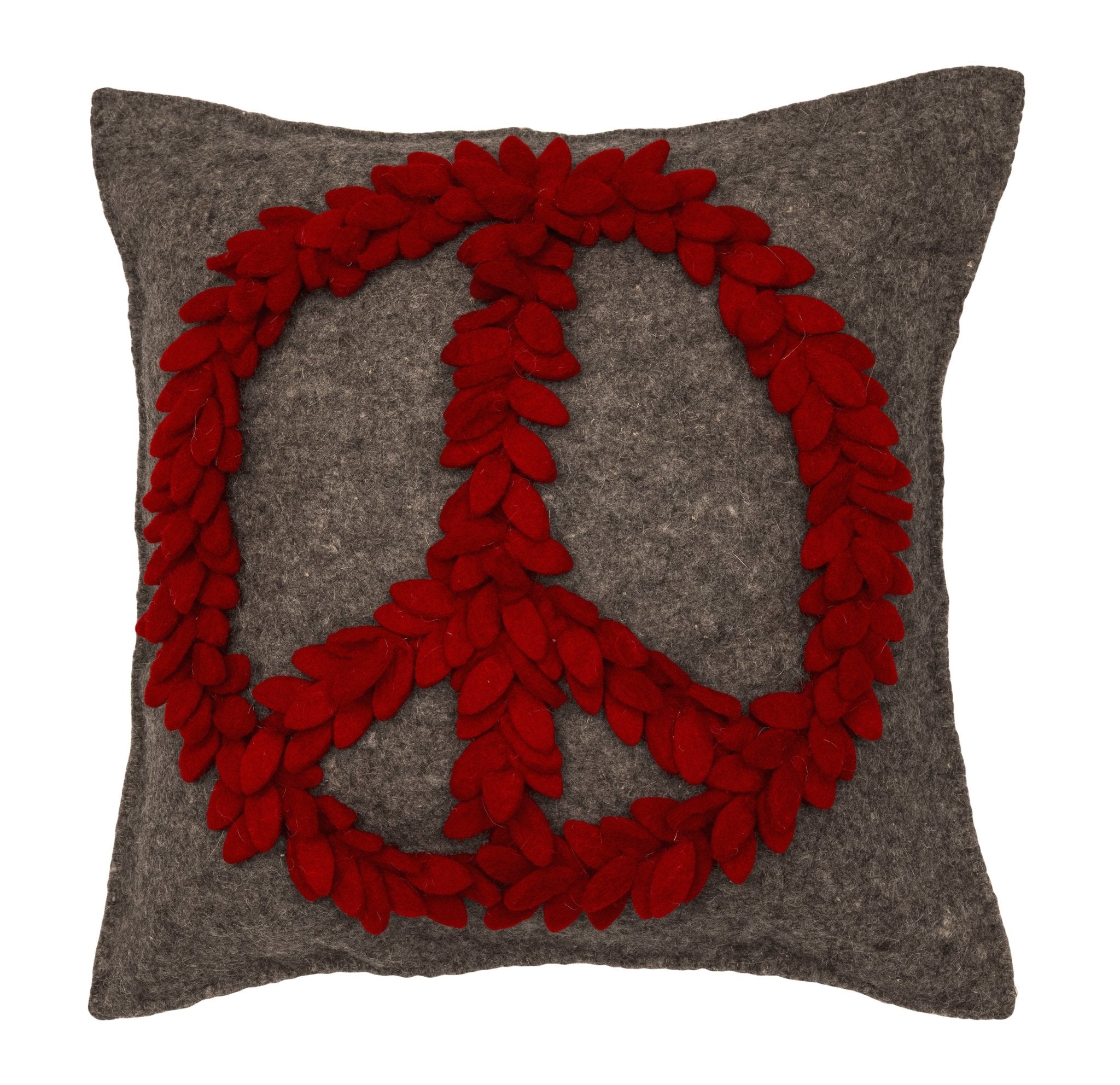 Hand Felted Wool Pillow Cover –red Peace Sign Gray – 20”
