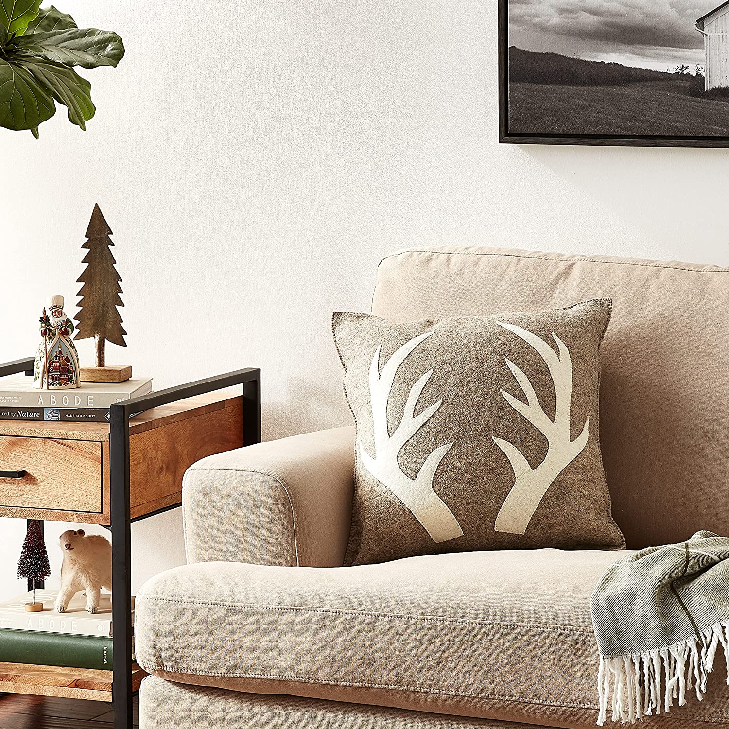 Hand Felted Wool Pillow - Cream Antlers Gray - 20"