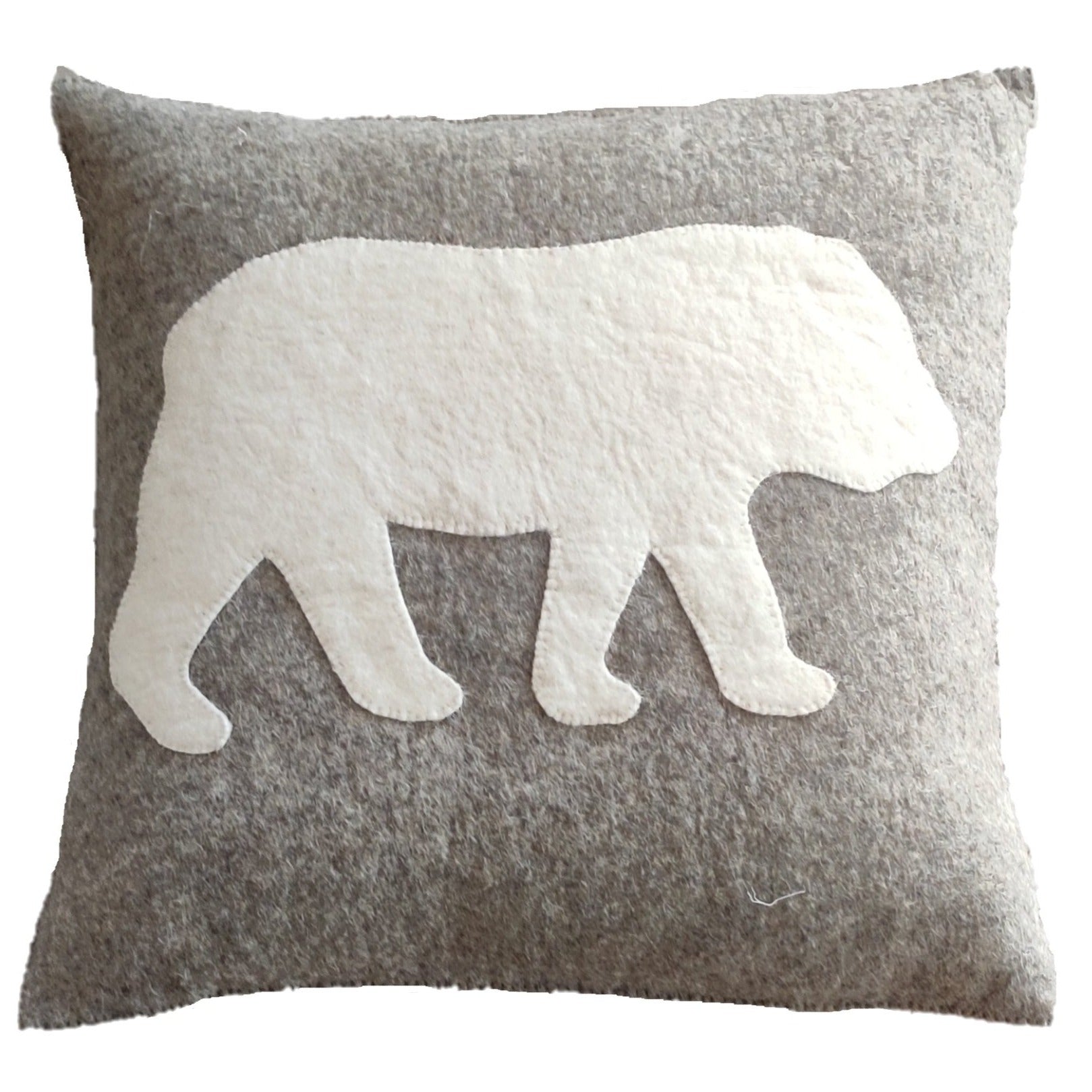 Hand Felted Wool Pillow - Cream Bear Silhouette Gray - 20"