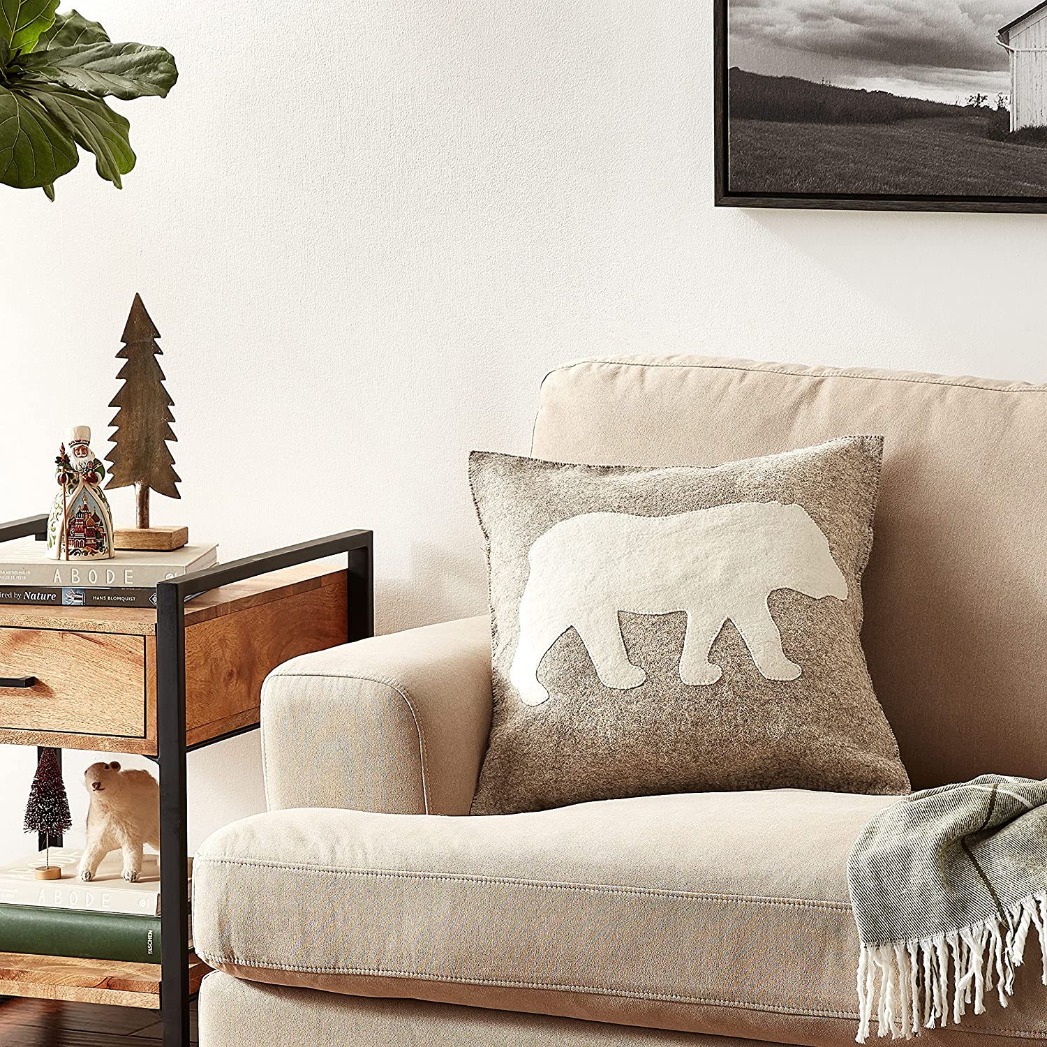 Hand Felted Wool Pillow - Cream Bear Silhouette Gray - 20"