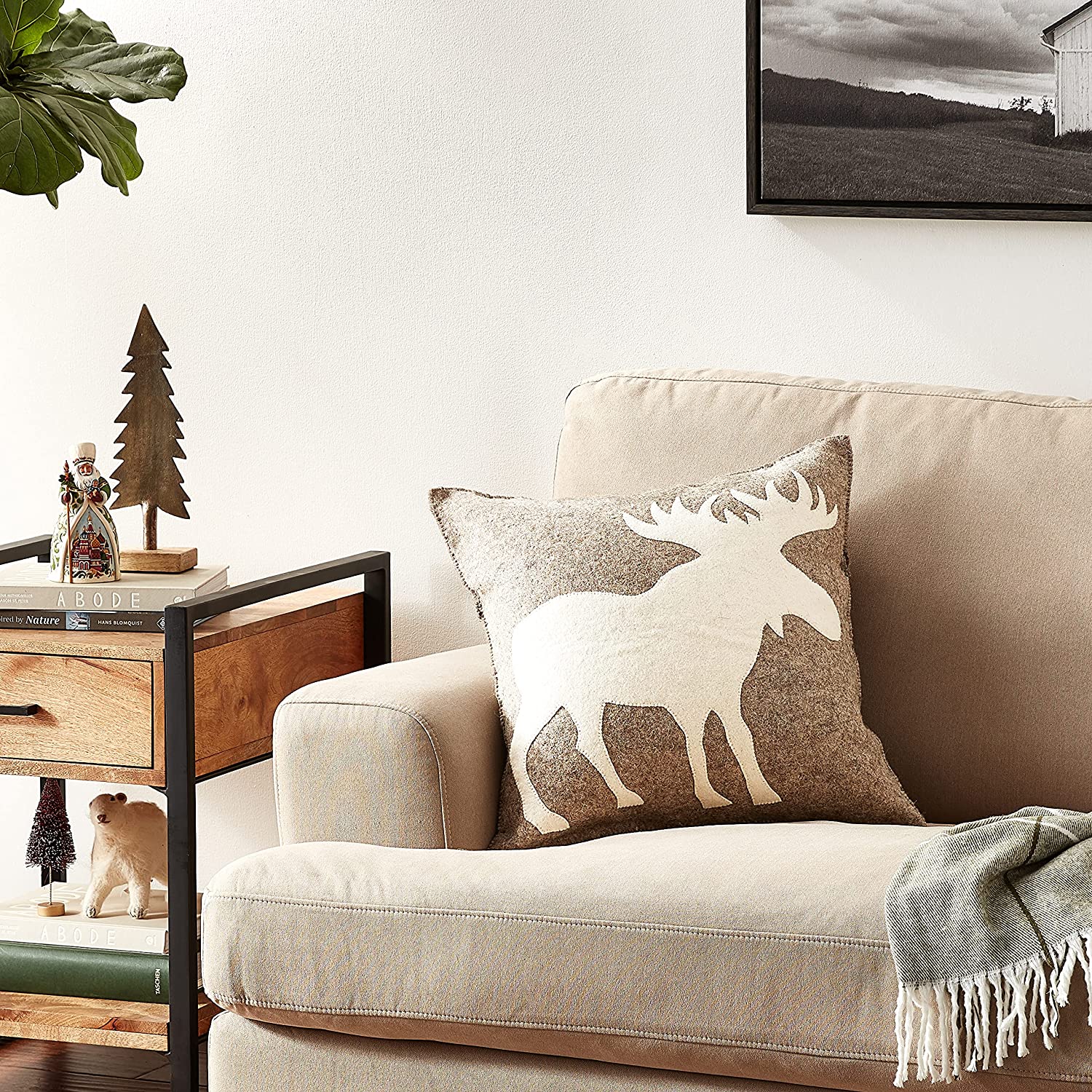 Hand Felted Wool Pillow - Cream Moose Silhouette Gray - 20"