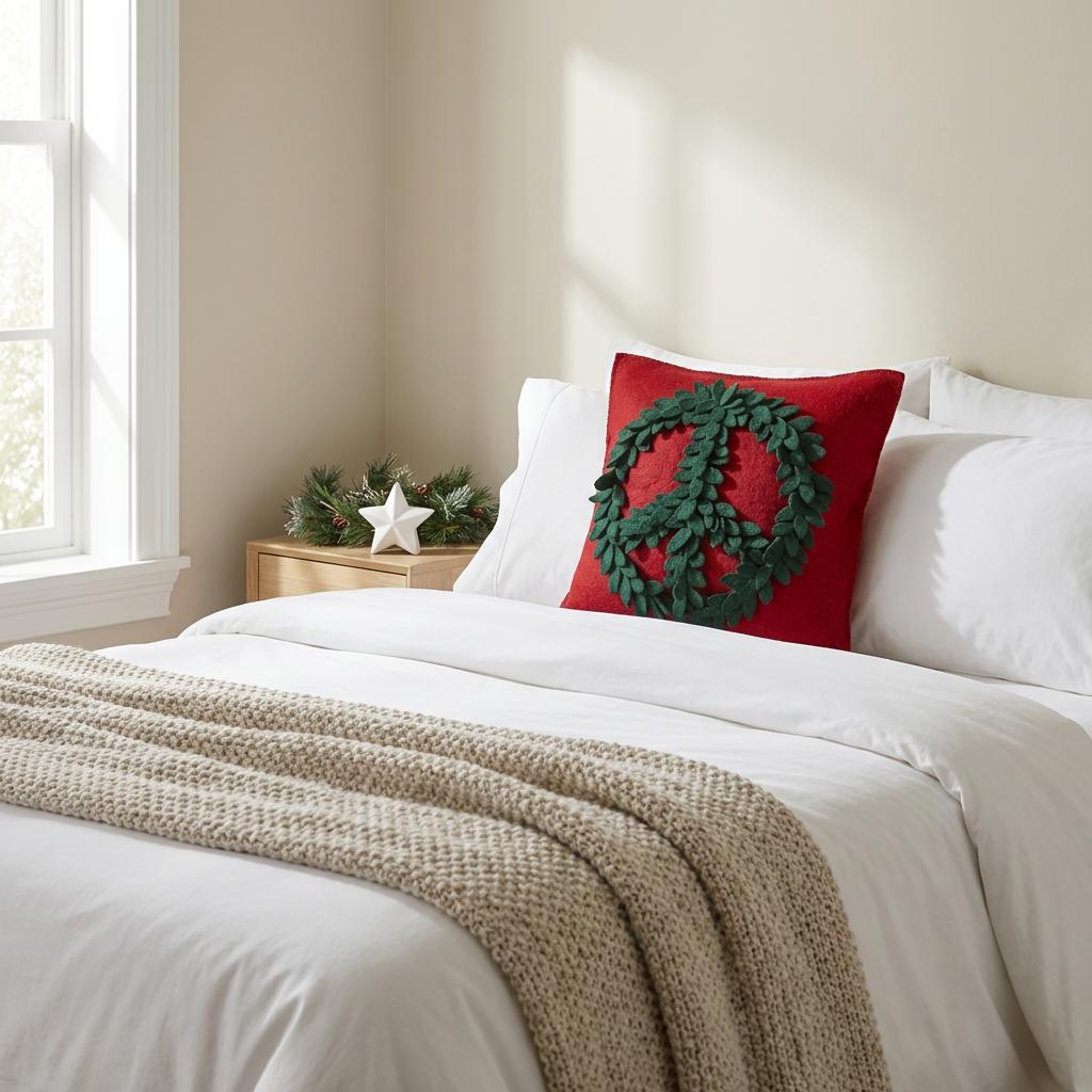 Hand Felted Wool Pillow – Green Peace Sign Red – 20”