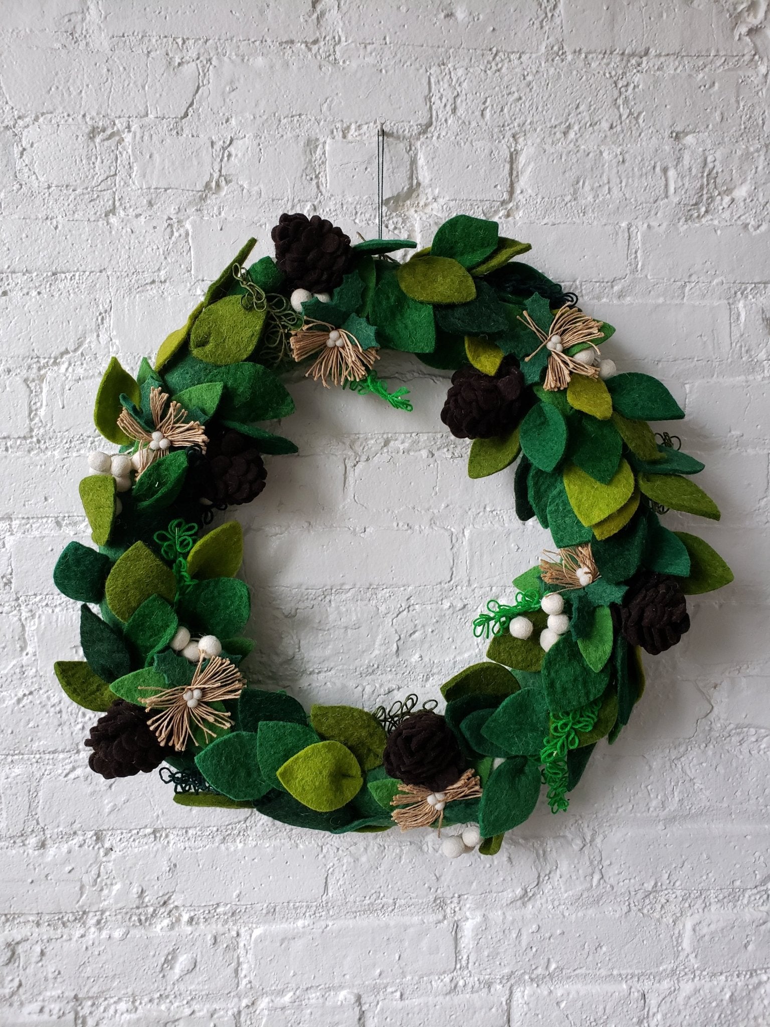 Hand Felted Wool Wreath With Cream Berries - 20"