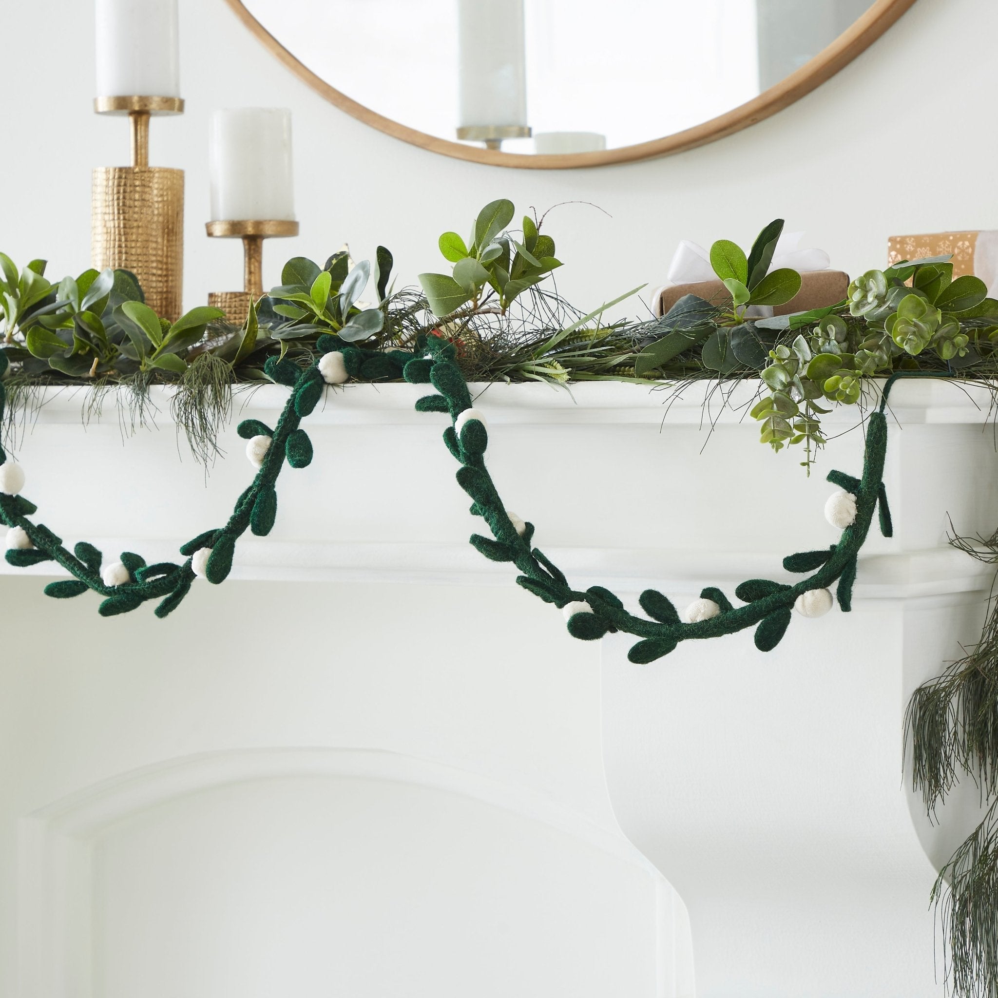 Handmade Christmas Garland - Cream Velvet Balls And Felt Mistletoe - 6'
