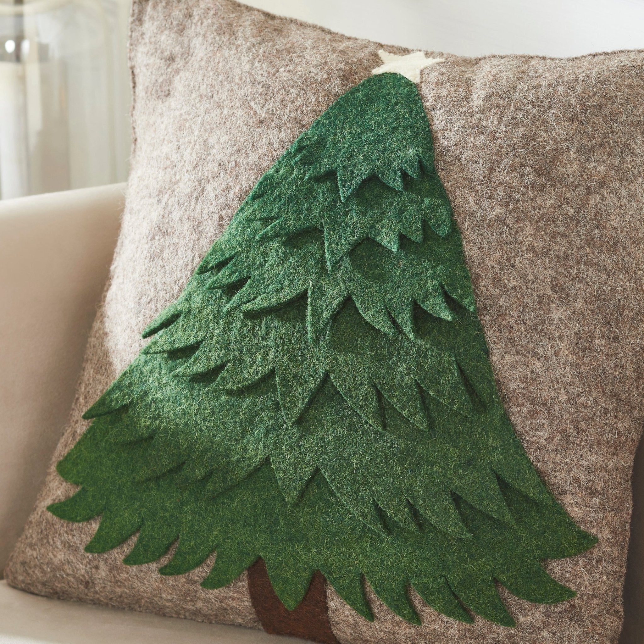 Handmade Christmas Pillow Hand Felted Wool - Green Tree Gray - 20"