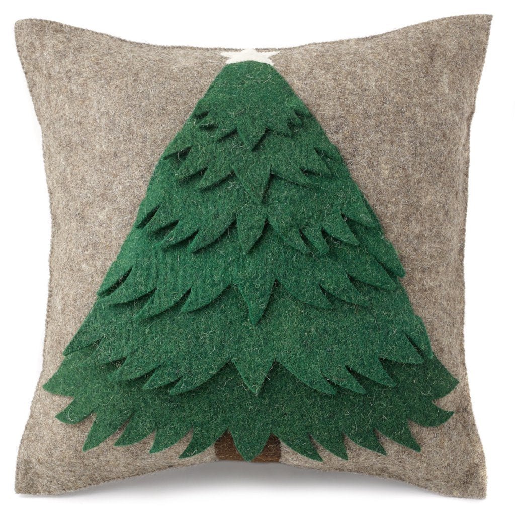 Handmade Christmas Pillow Hand Felted Wool - Green Tree Gray - 20"