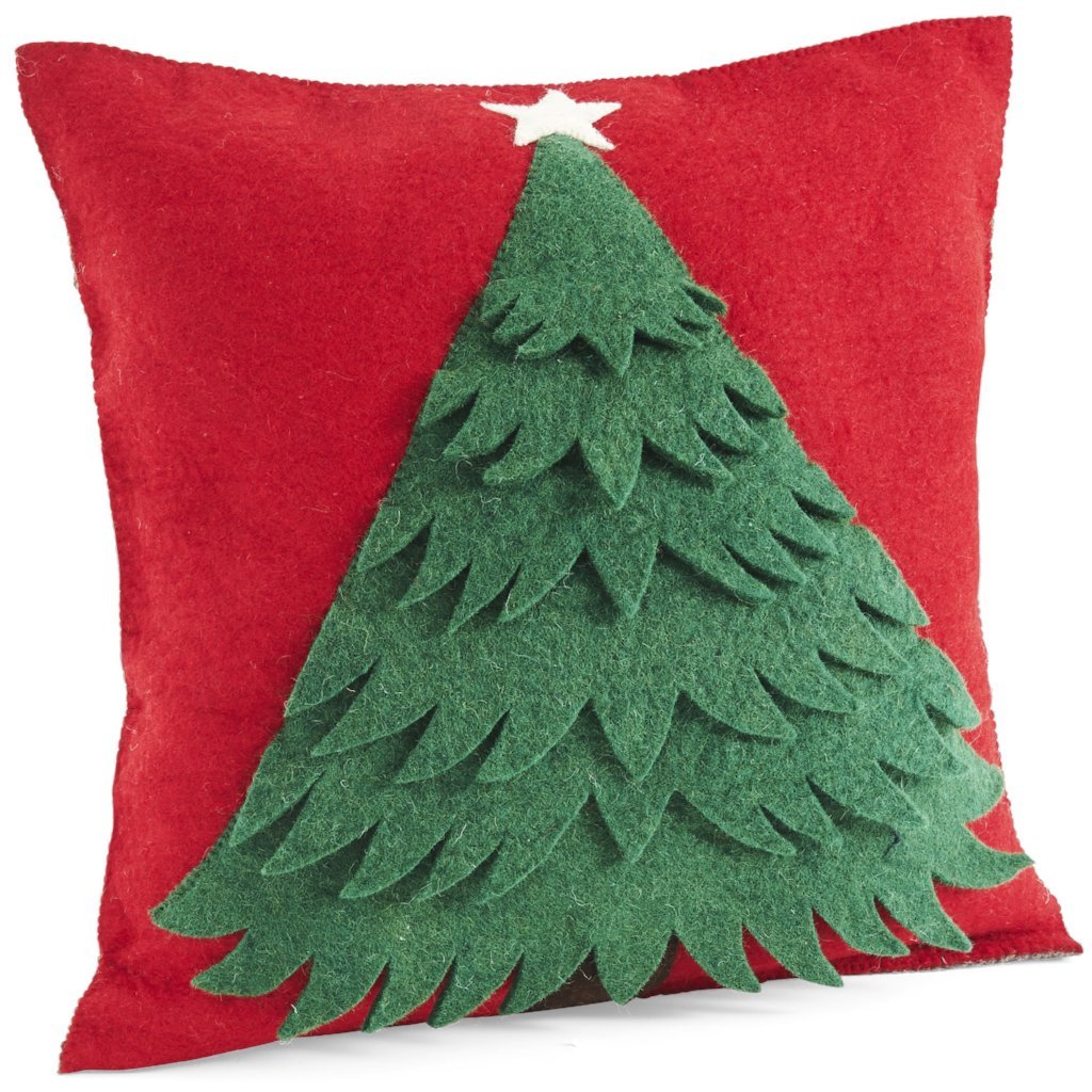 Handmade Christmas Pillow Hand Felted Wool - Tree Red - 20" / 14"