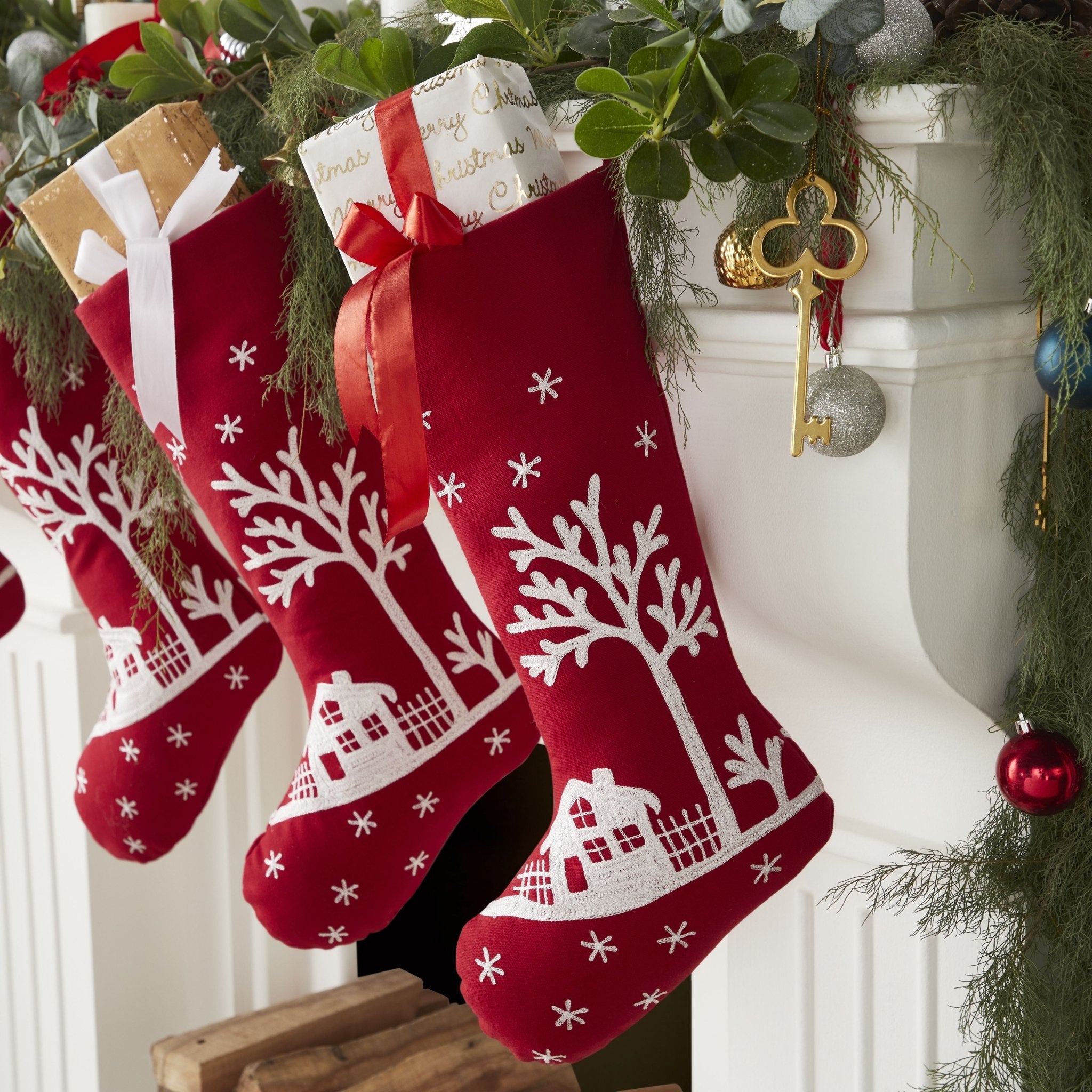 Handmade Christmas Stocking - Snowy Village Embroidered Scene On Red